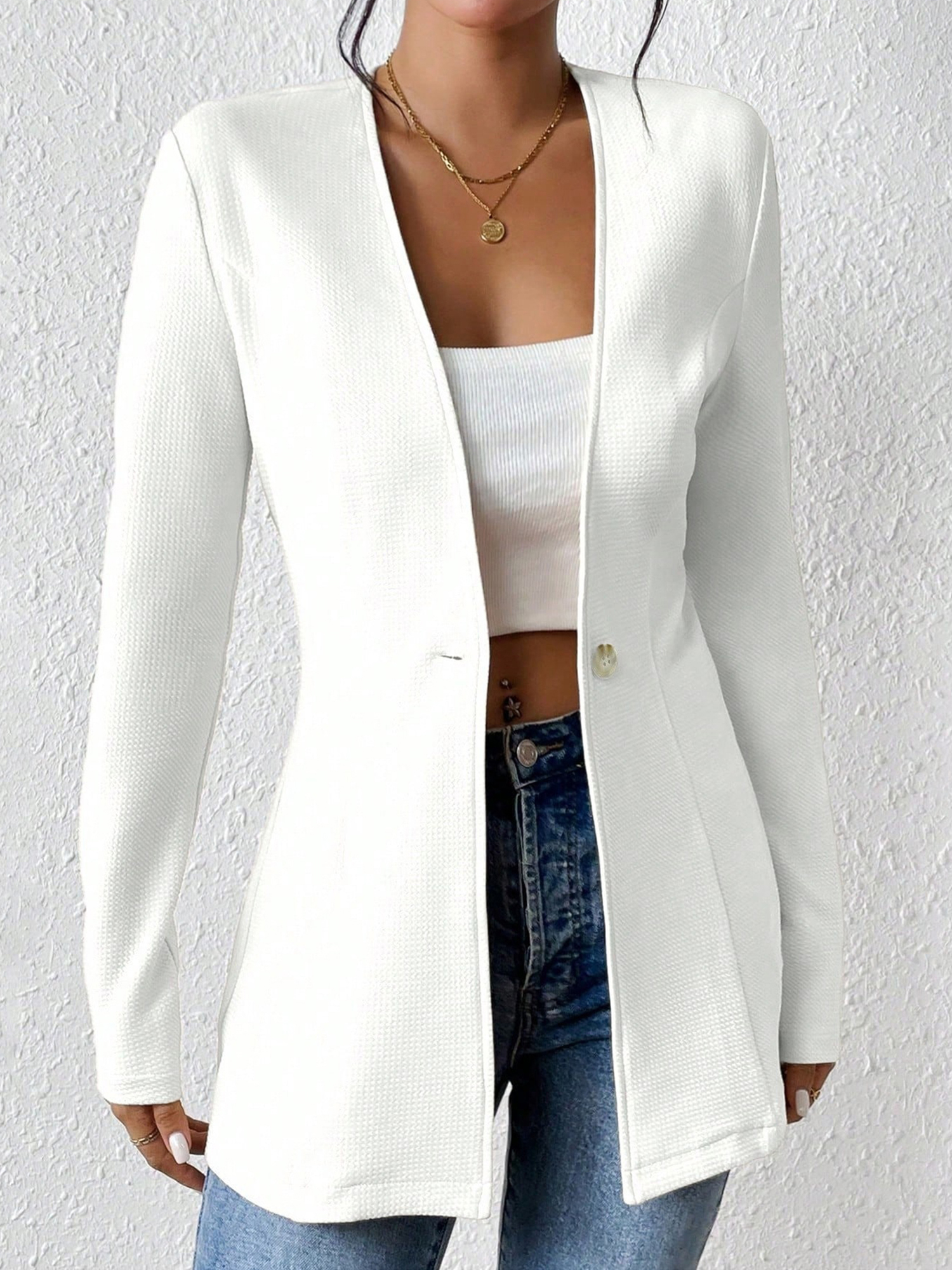 Single Button Solid Color Long Sleeve Jacket White/XS