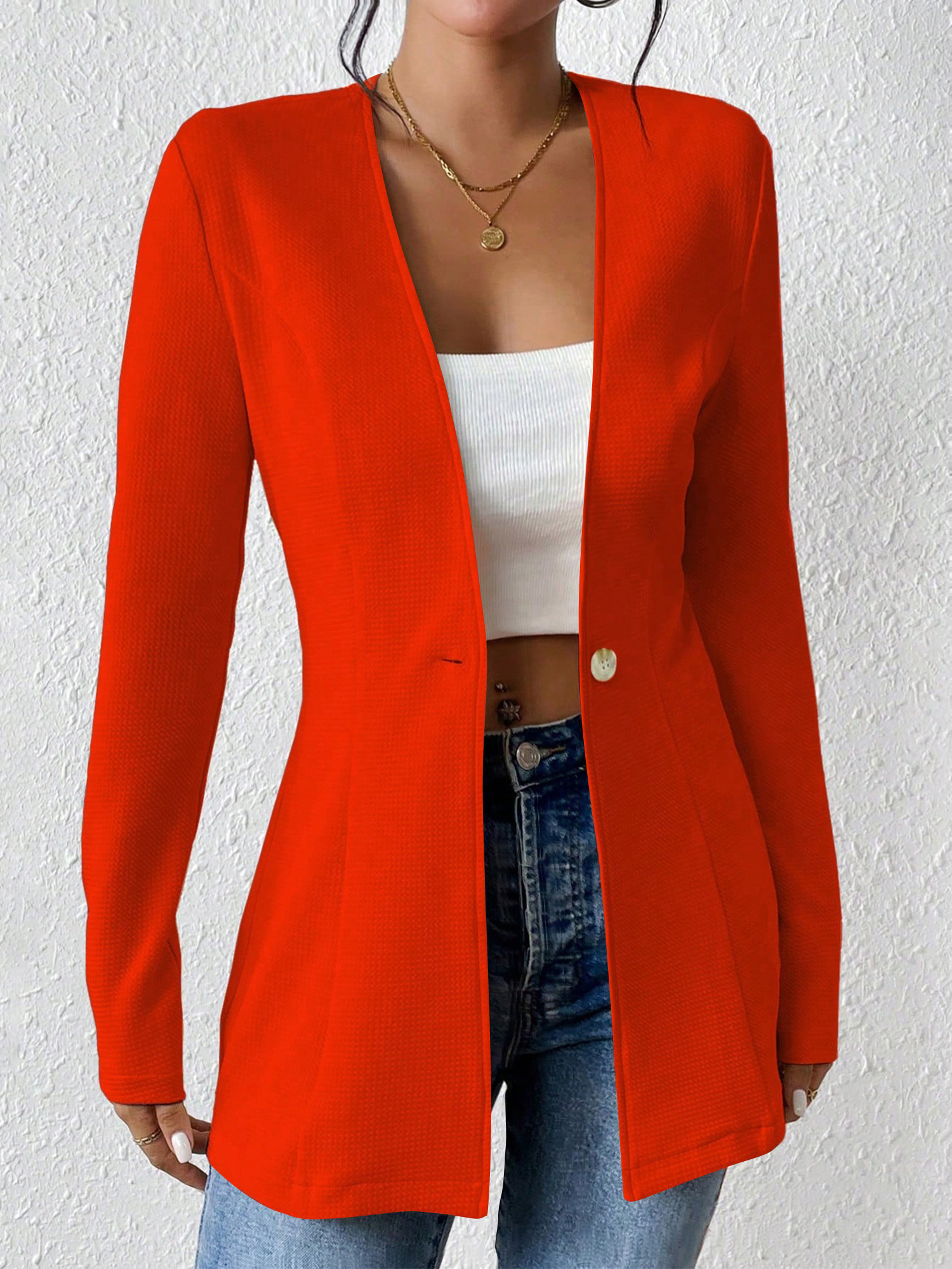 Single Button Solid Color Long Sleeve Jacket Bright Red/XS