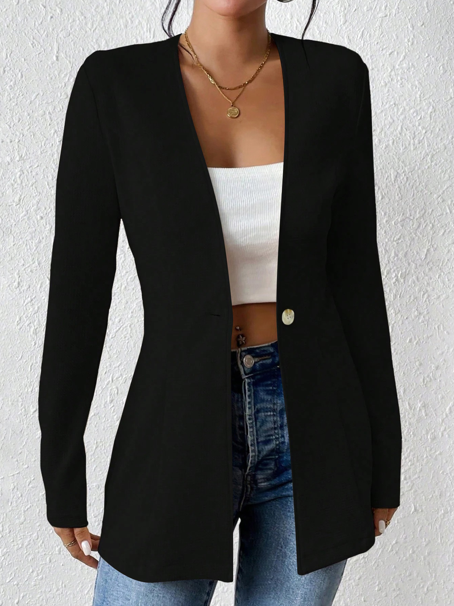 Single Button Solid Color Long Sleeve Jacket Black/S