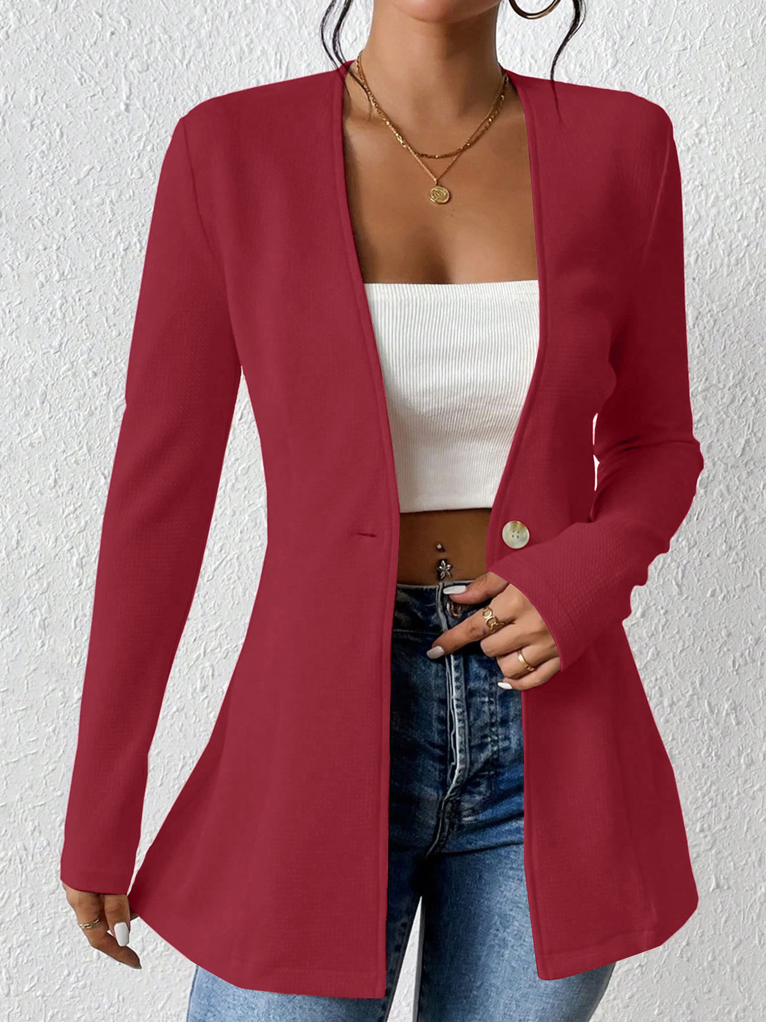 Single Button Solid Color Long Sleeve Jacket Red/L