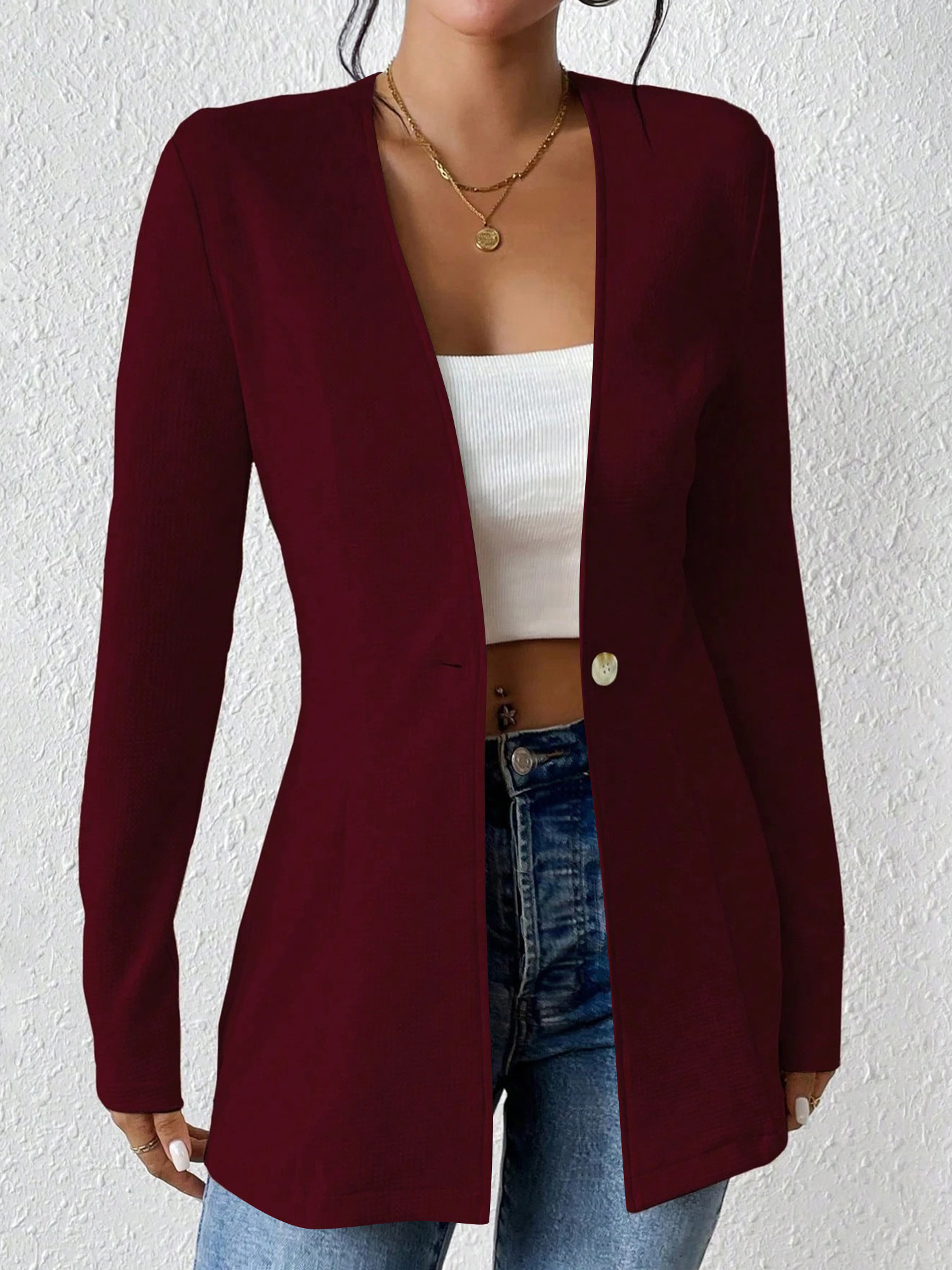 Single Button Solid Color Long Sleeve Jacket Burgundy/L