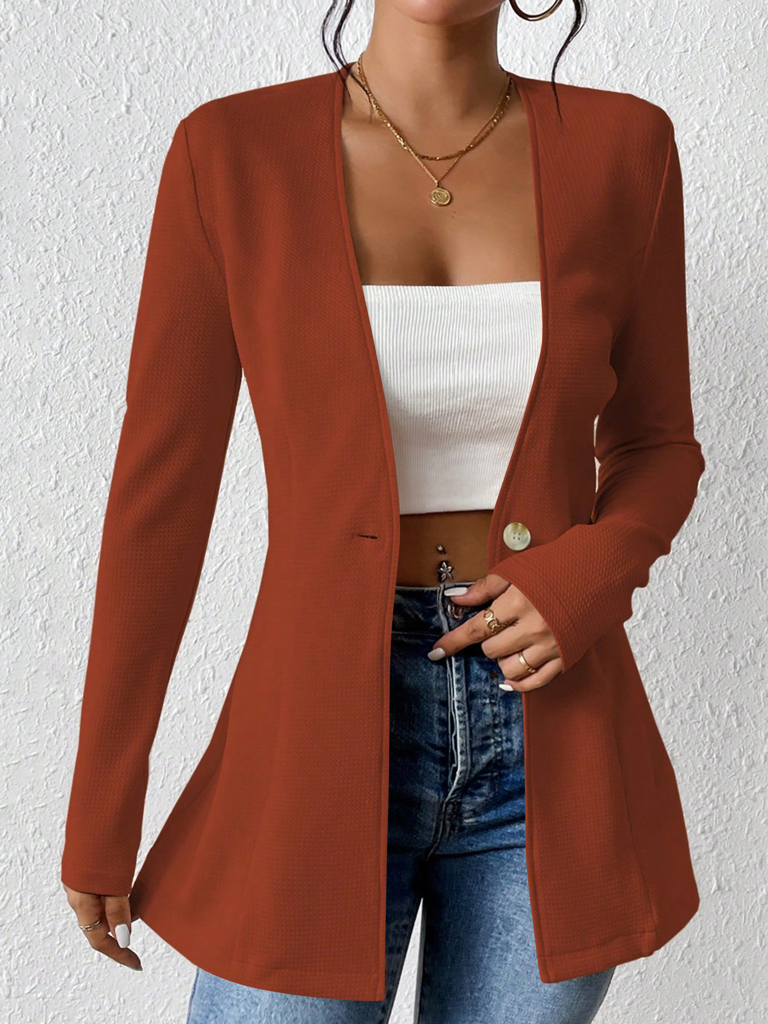 Single Button Solid Color Long Sleeve Jacket Brown/L