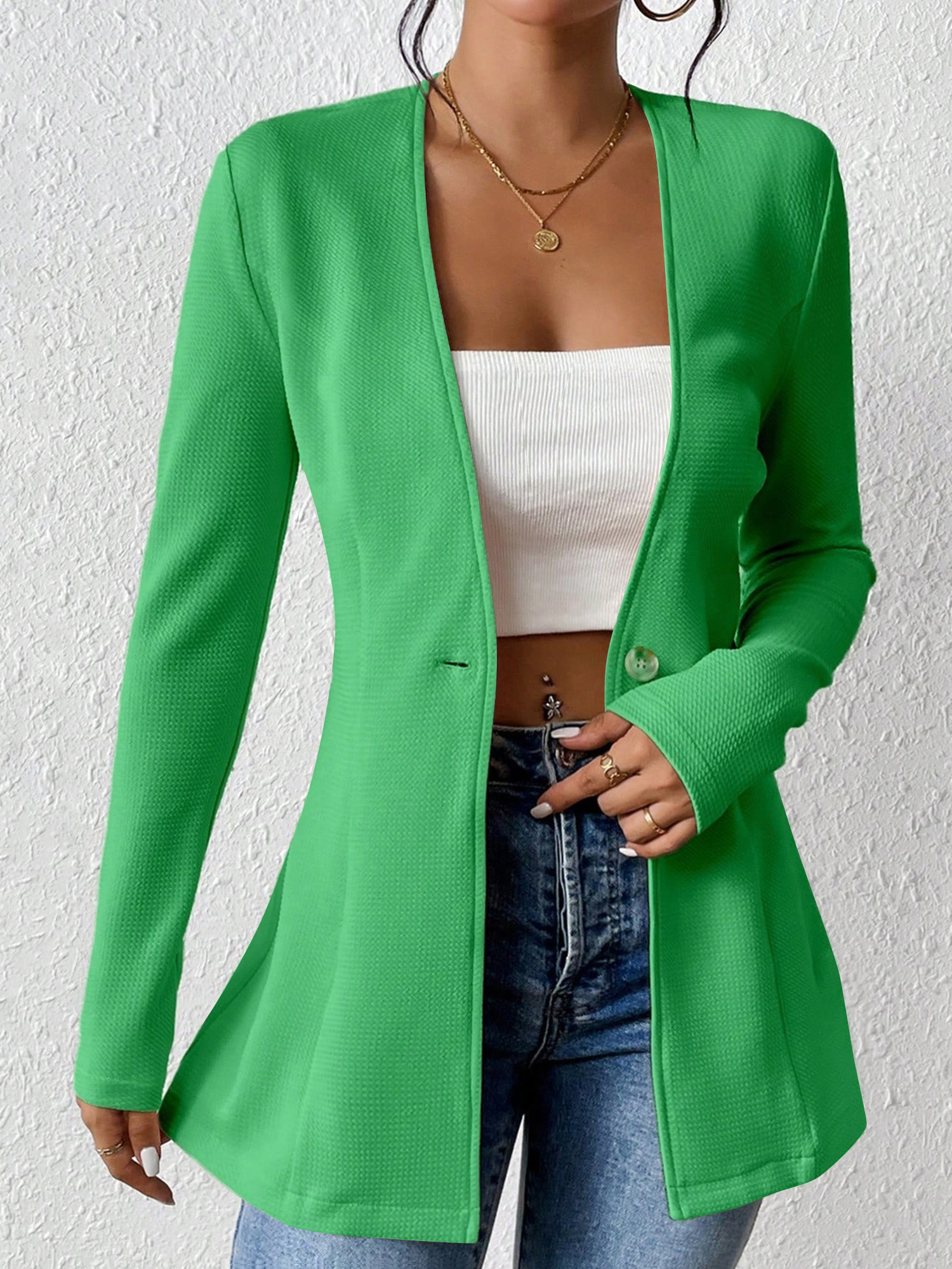 Single Button Solid Color Long Sleeve Jacket Green/M
