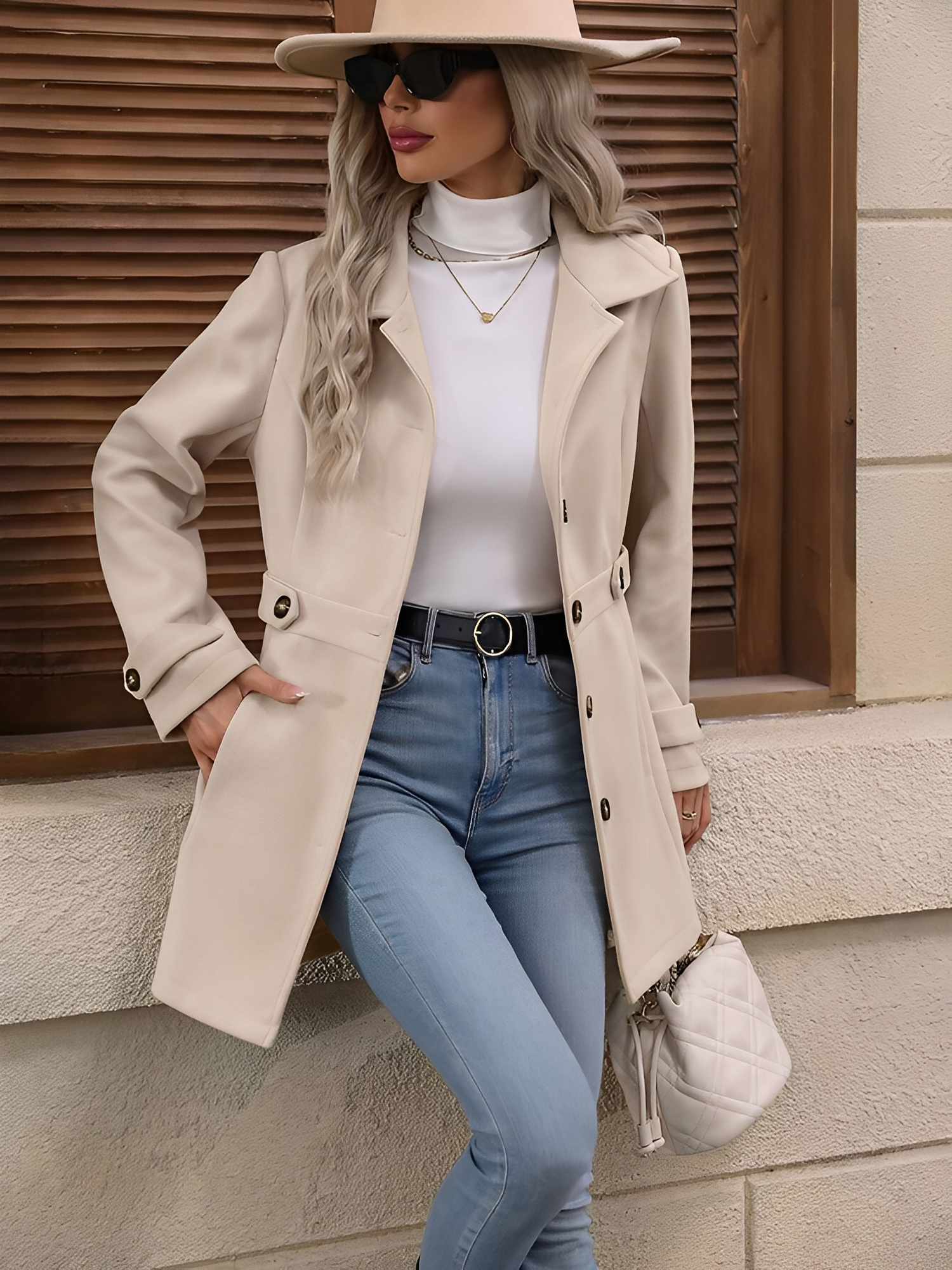 Lapel Long Sleeves Button Down Solid Color Jacket Apricot/XS