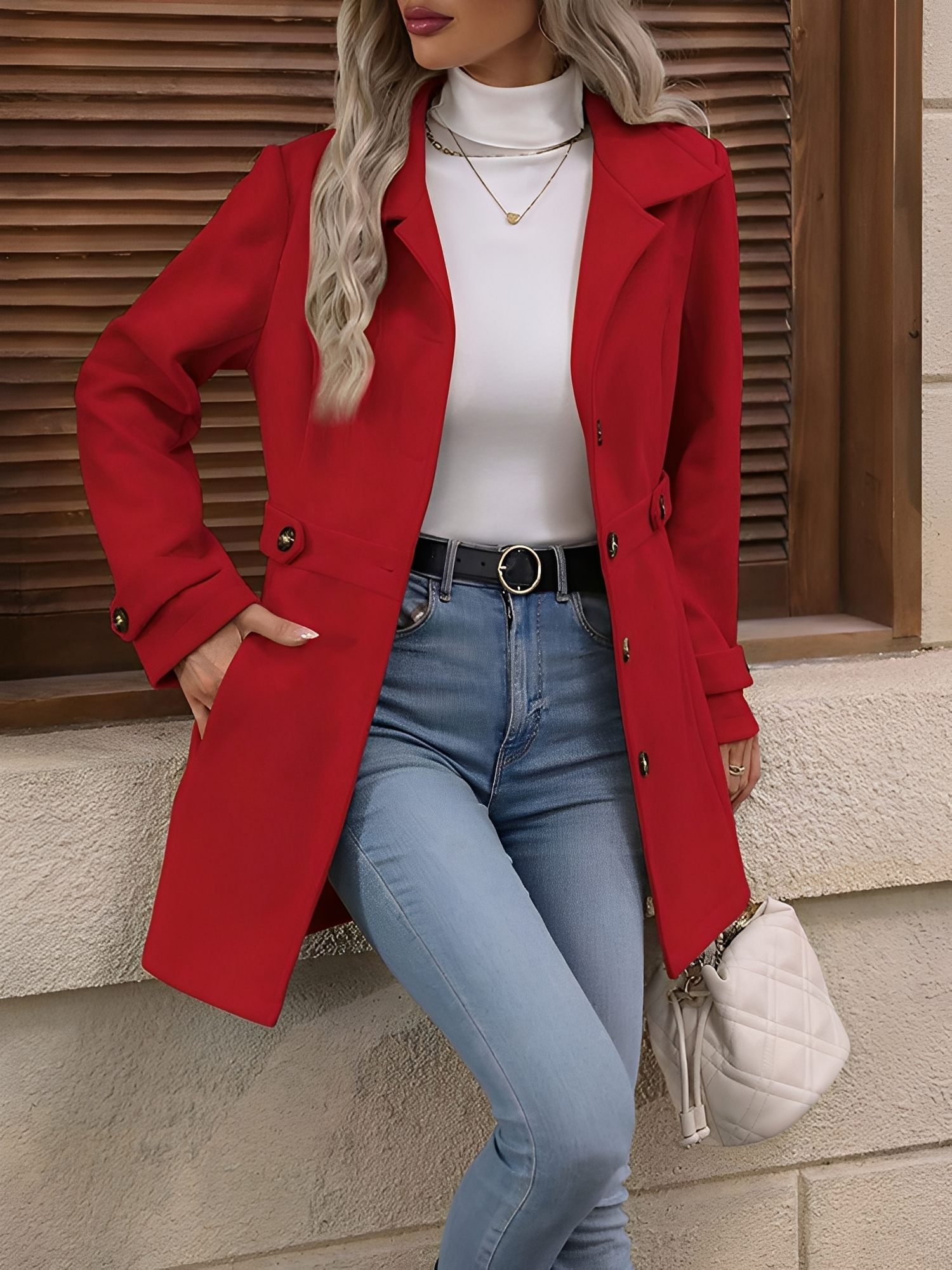 Lapel Long Sleeves Button Down Solid Color Jacket Bright Red/M