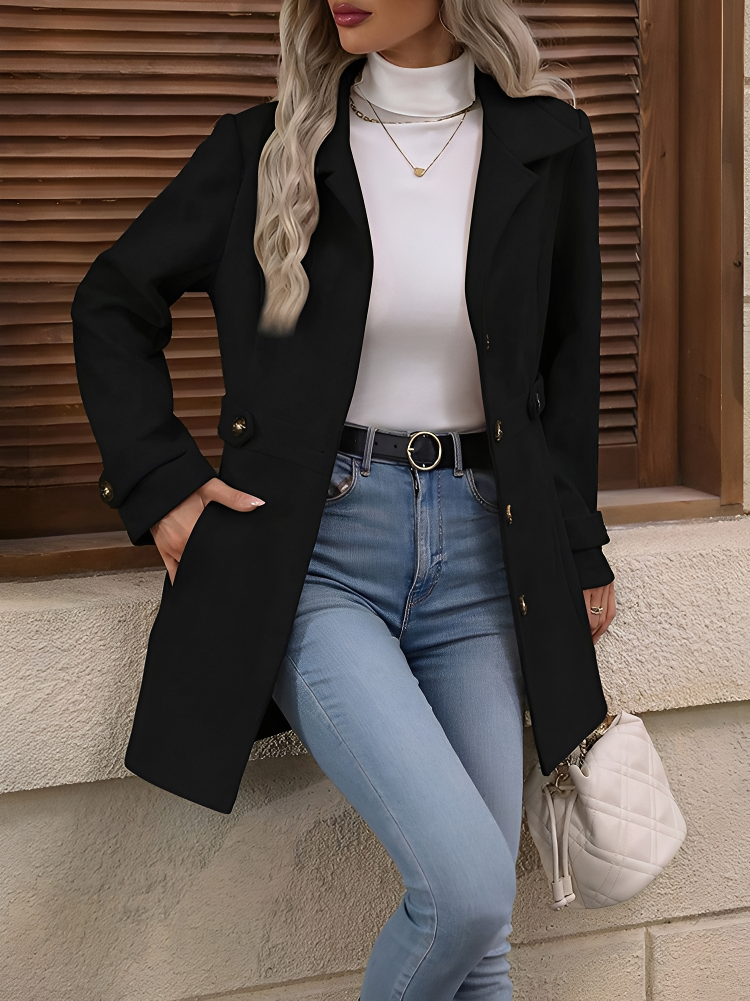 Lapel Long Sleeves Button Down Solid Color Jacket Black/S