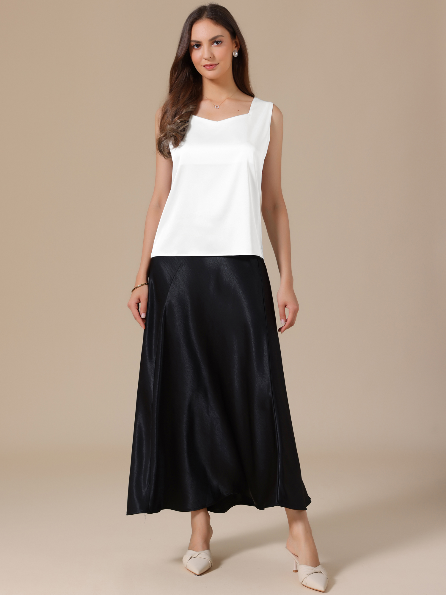 Satin V Neck Dressy Casual Sleeveless Silky Camisole Top White/XL