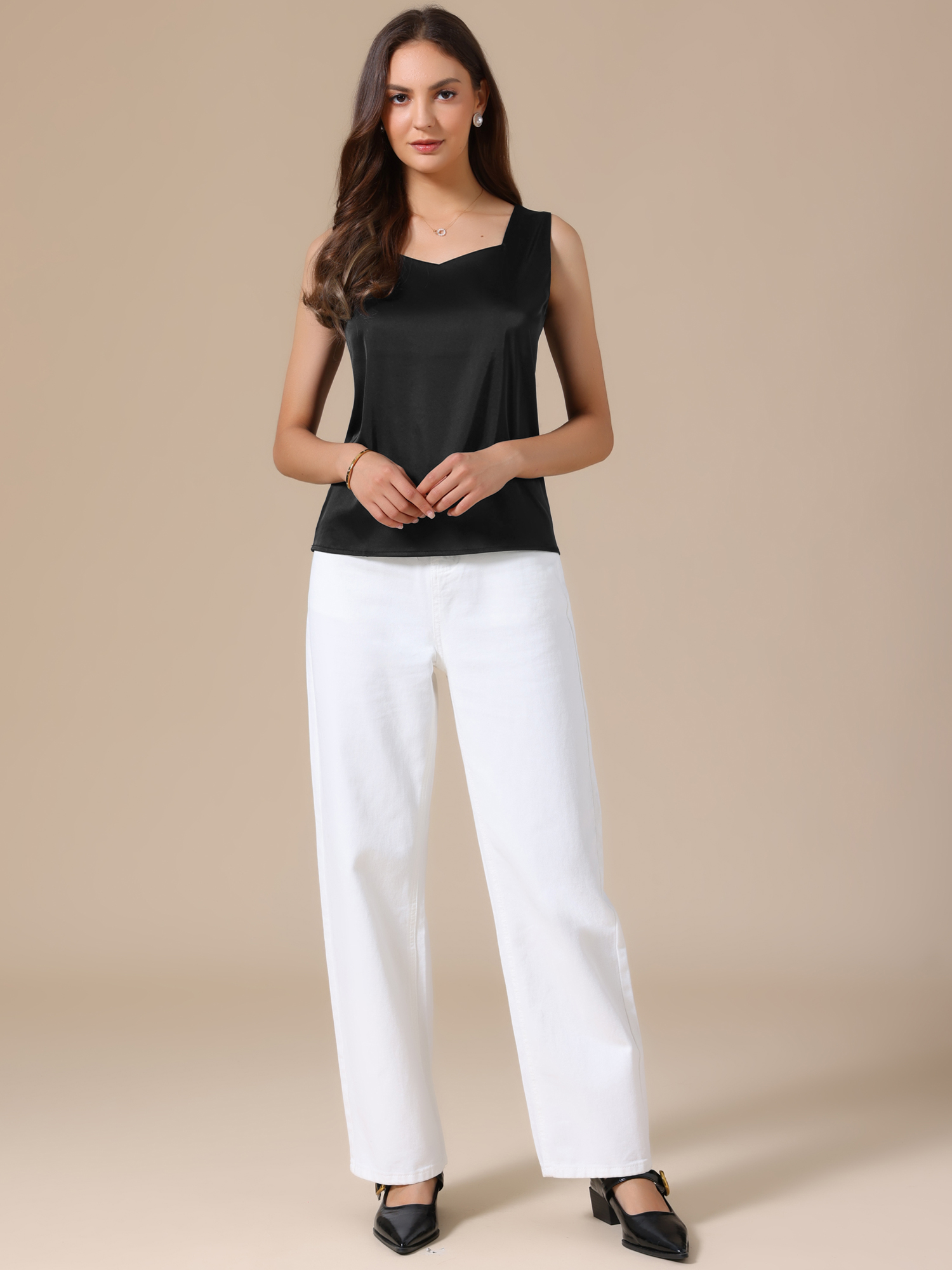Satin V Neck Dressy Casual Sleeveless Silky Camisole Top Black/2XL