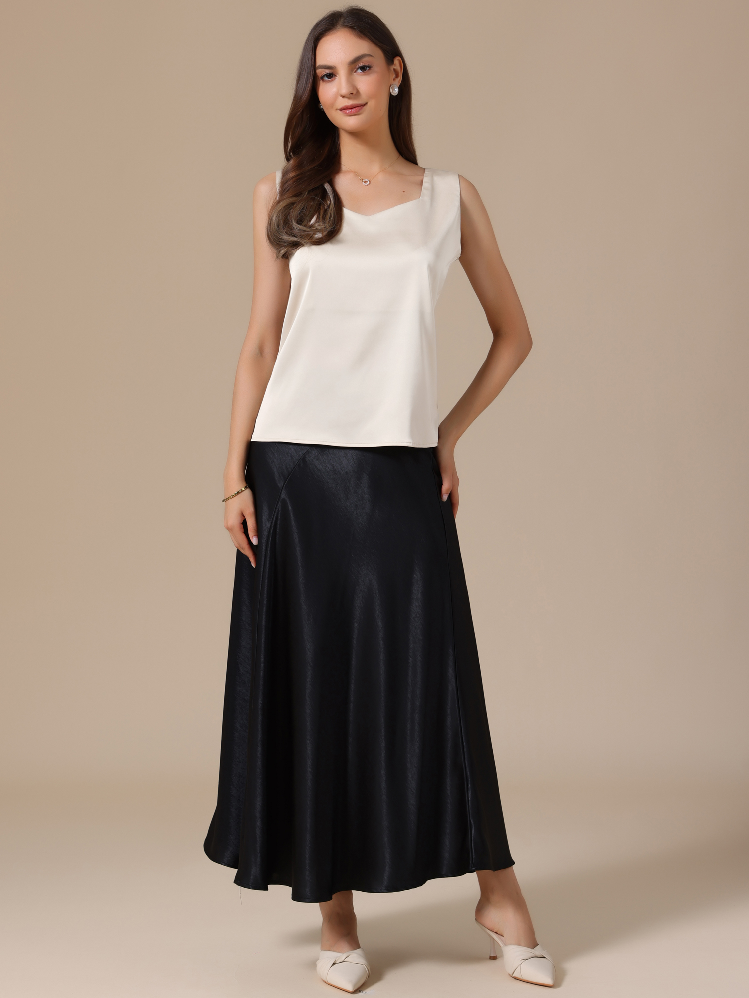 Satin V Neck Dressy Casual Sleeveless Silky Camisole Top Champagne/M