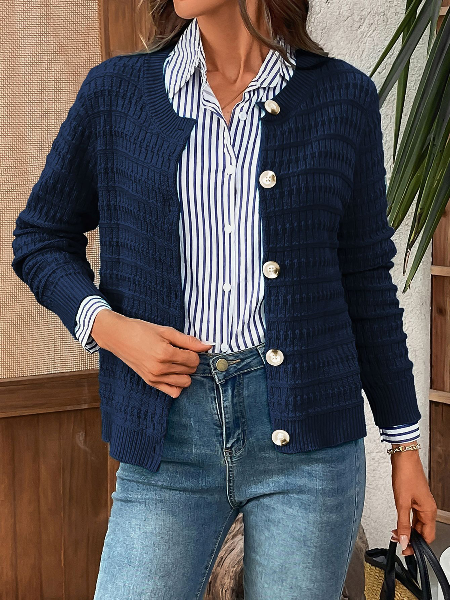 Round Neck Long Sleeves Button Down Knitted Cardigans Navy/S