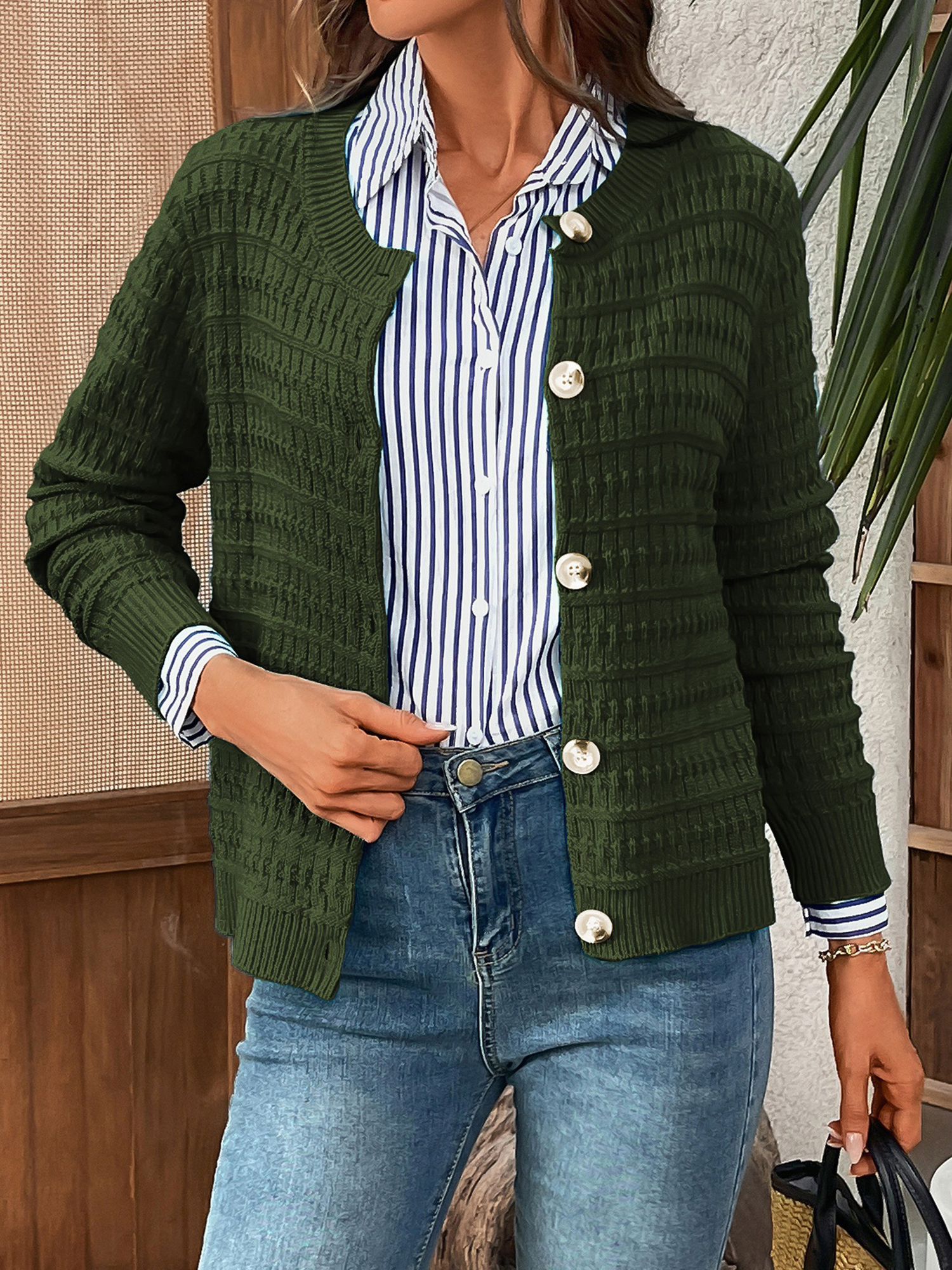 Round Neck Long Sleeves Button Down Knitted Cardigans Army Green/XL