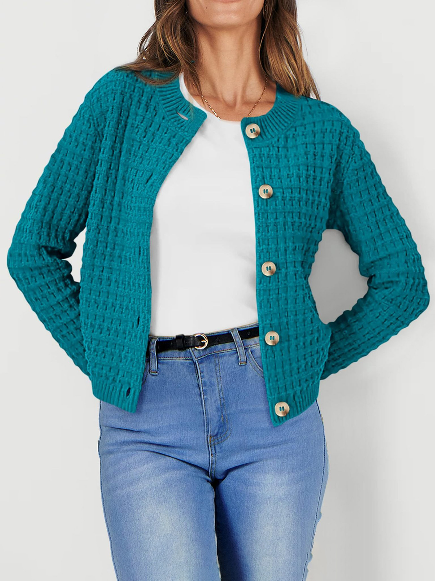 Round Neck Long Sleeves Button Down Knitted Cardigans Peacock Blue/XL