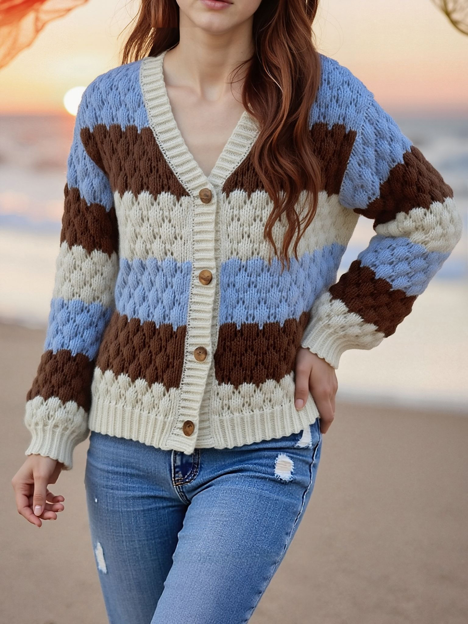 Colorblock Striped Long Sleeves Knitted Casual Cardigans Blue/M