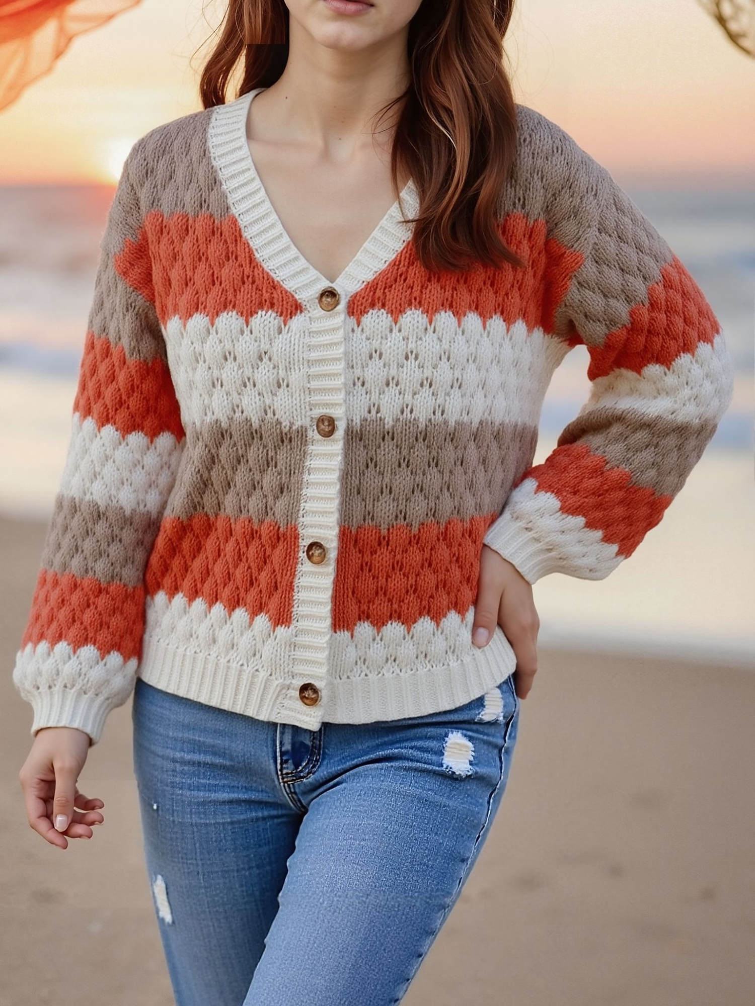 Colorblock Striped Long Sleeves Knitted Casual Cardigans Khaki/XS
