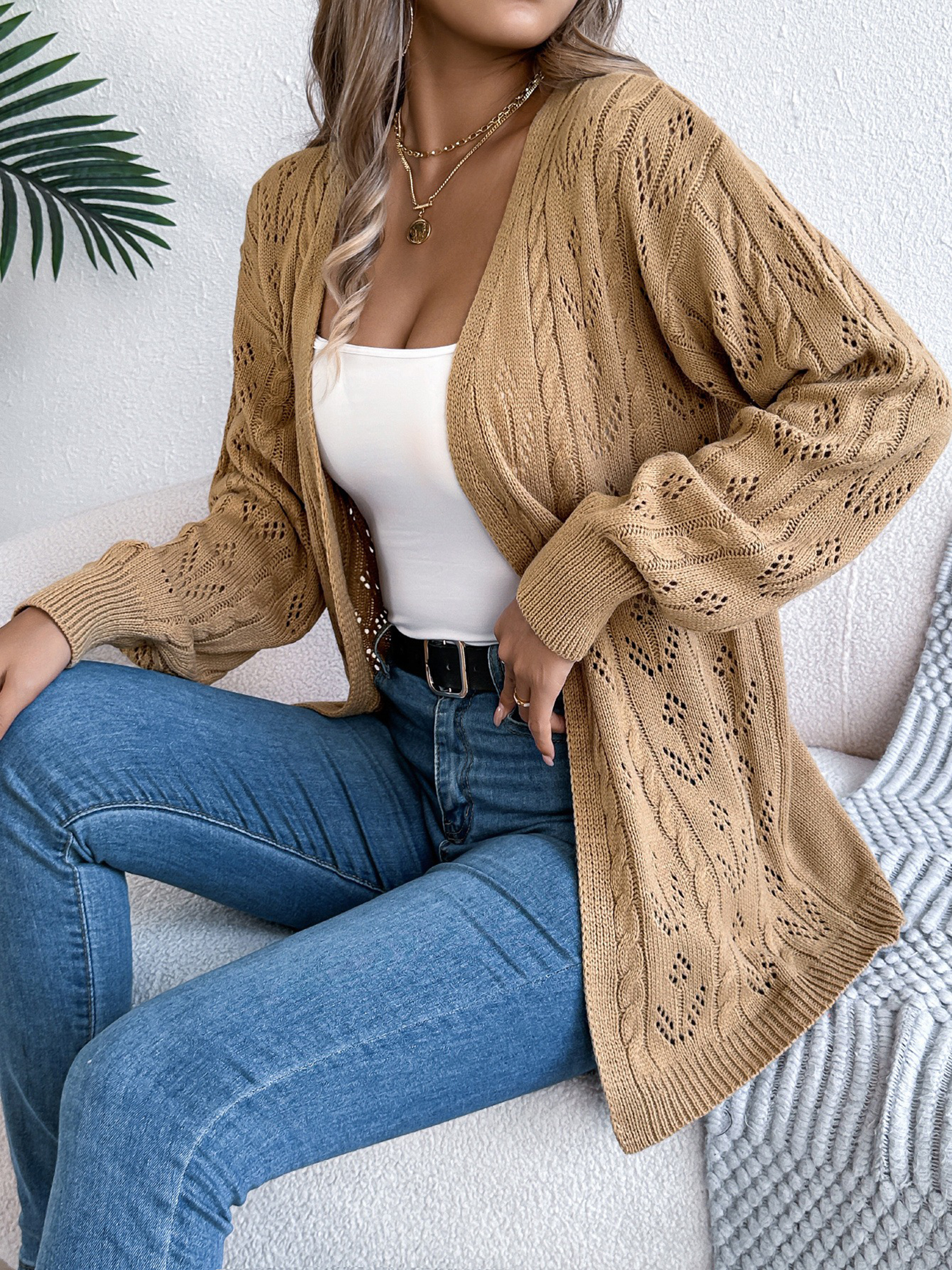 Casual Solid Color Hollow Long Sleeves Cardigan Khaki/L