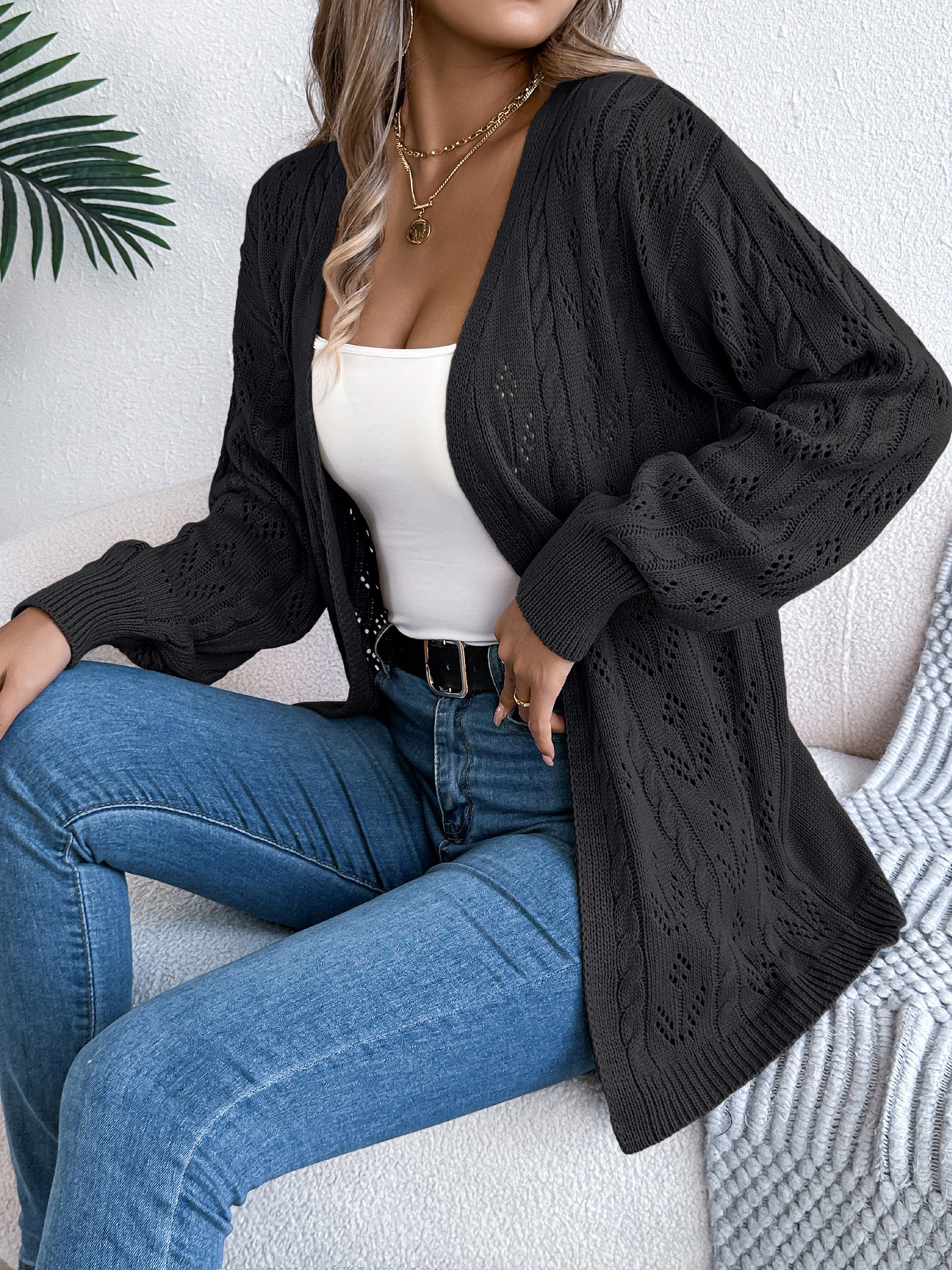 Casual Solid Color Hollow Long Sleeves Cardigan Black/M