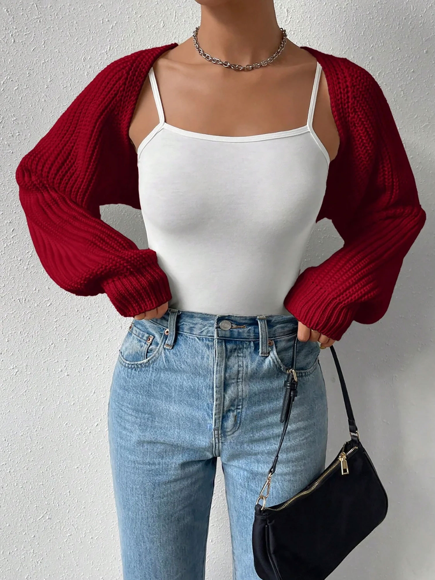 Ribbed Knit Open Front Long Sleeves Cardigan Shrugs Red/XL