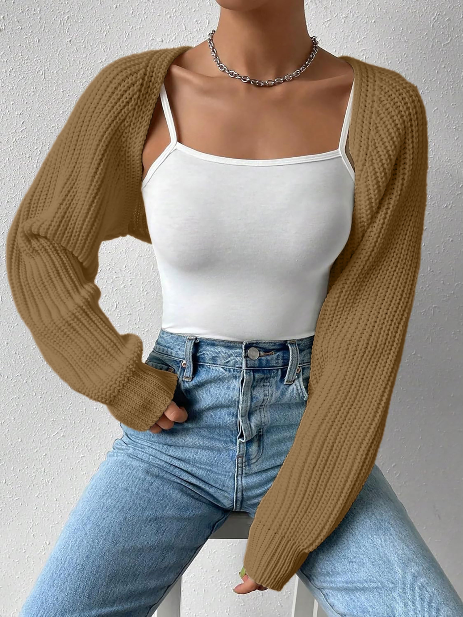 Ribbed Knit Open Front Long Sleeves Cardigan Shrugs Caramel/XL