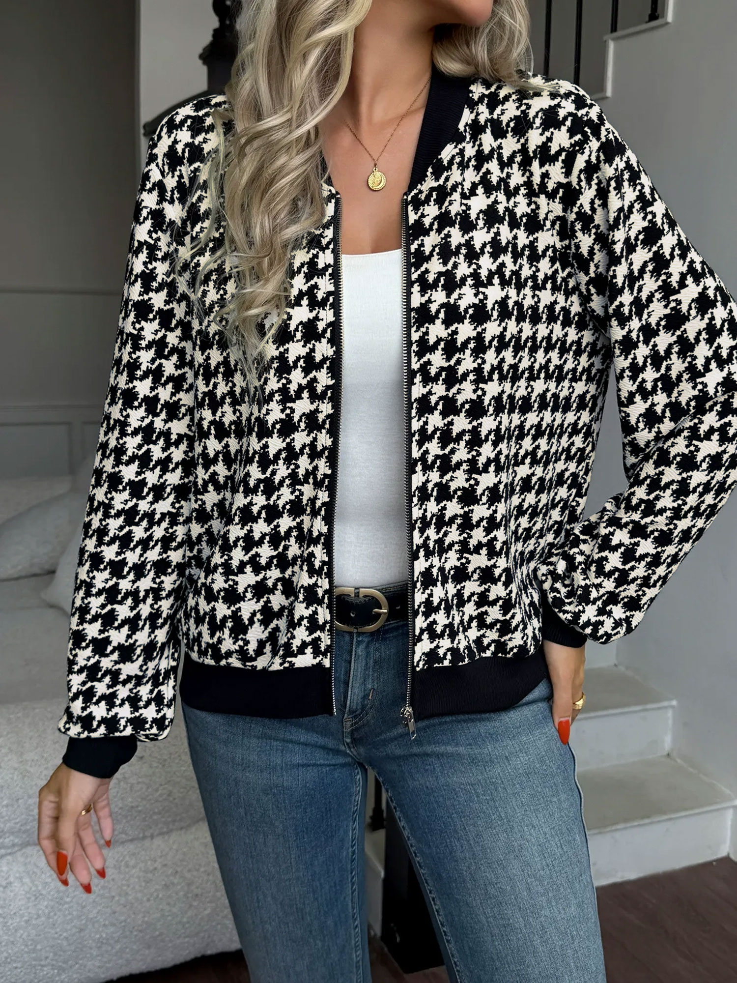 Zipper Long Sleeves Houndstooth Bomber Jacket Black/L