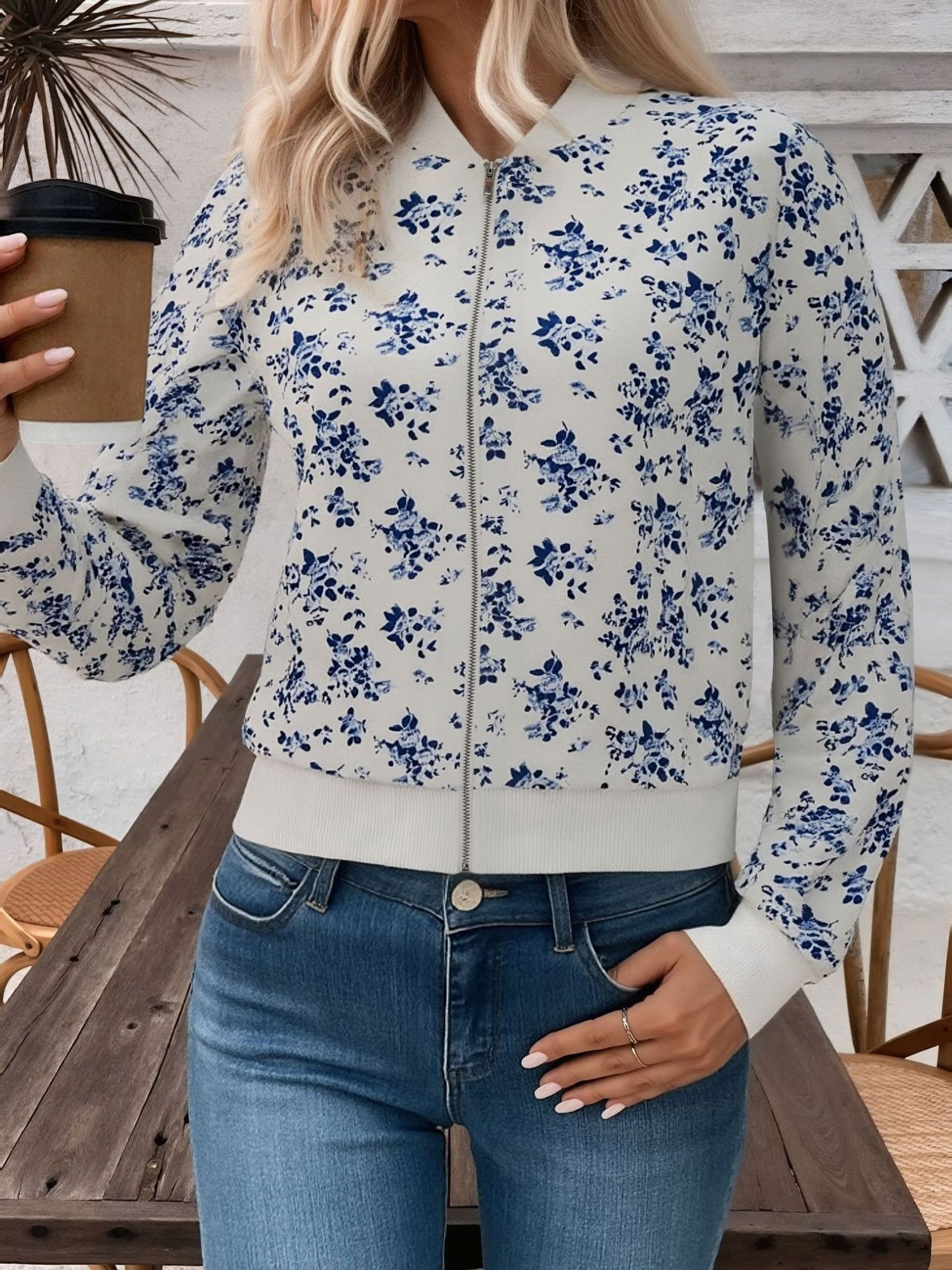 Autumn New Zipper Baseball Collar Printed Jacket Temperament Commuting Casual Versatile Jacket Blue/XS