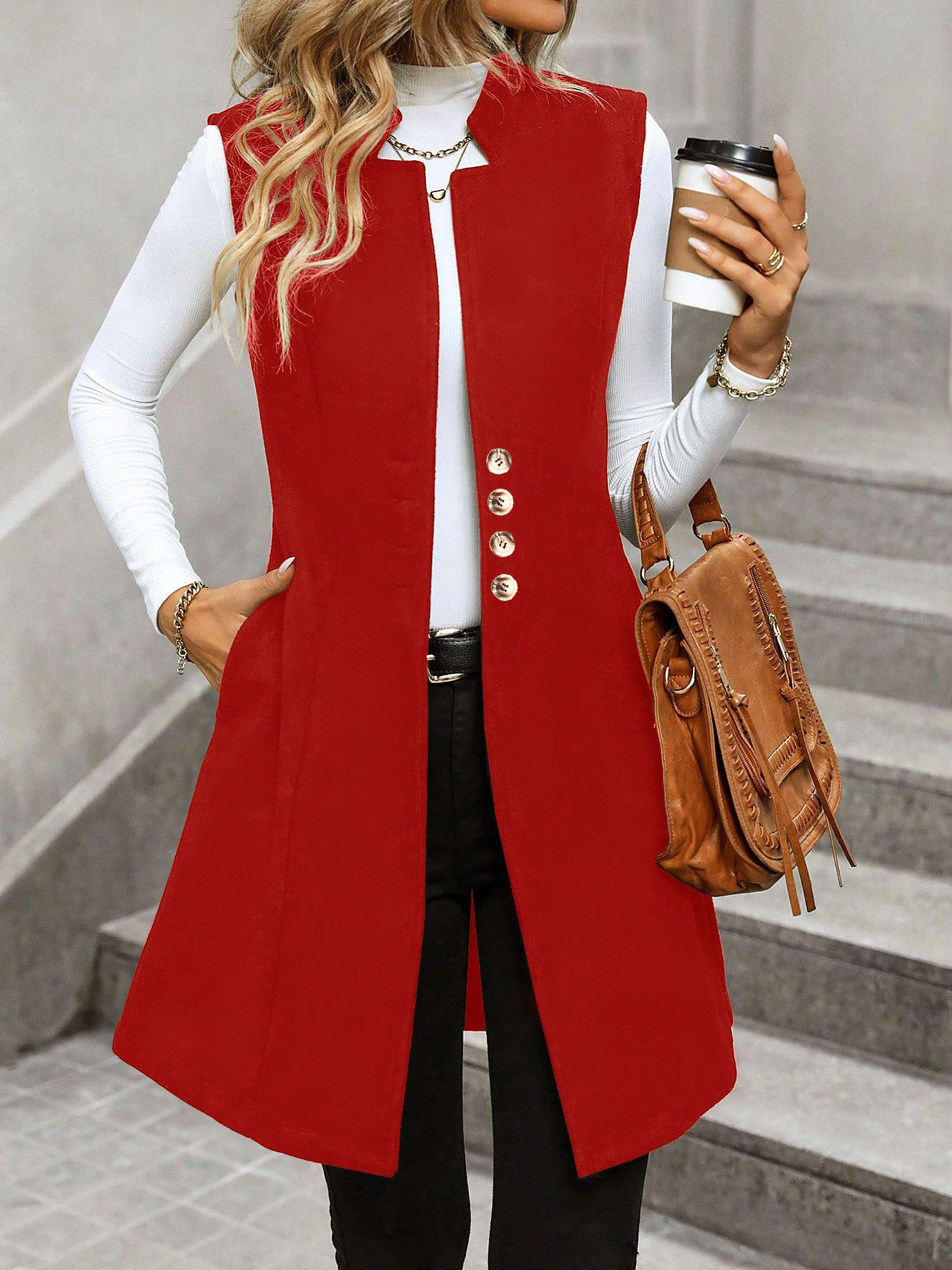 Solid Color Sleeveless Pockets Mid-Length Vest Bright Red/S