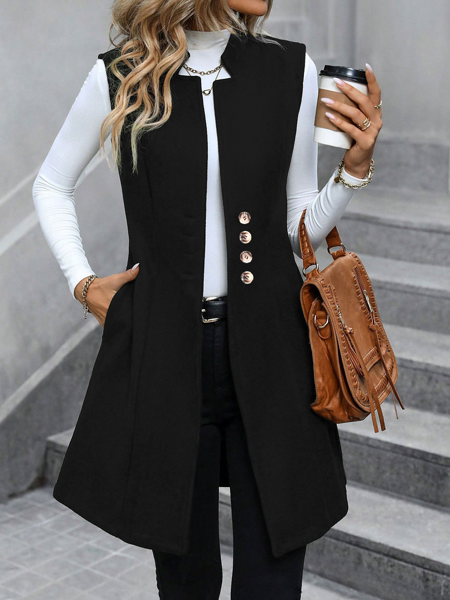 Solid Color Sleeveless Pockets Mid-Length Vest Black/S