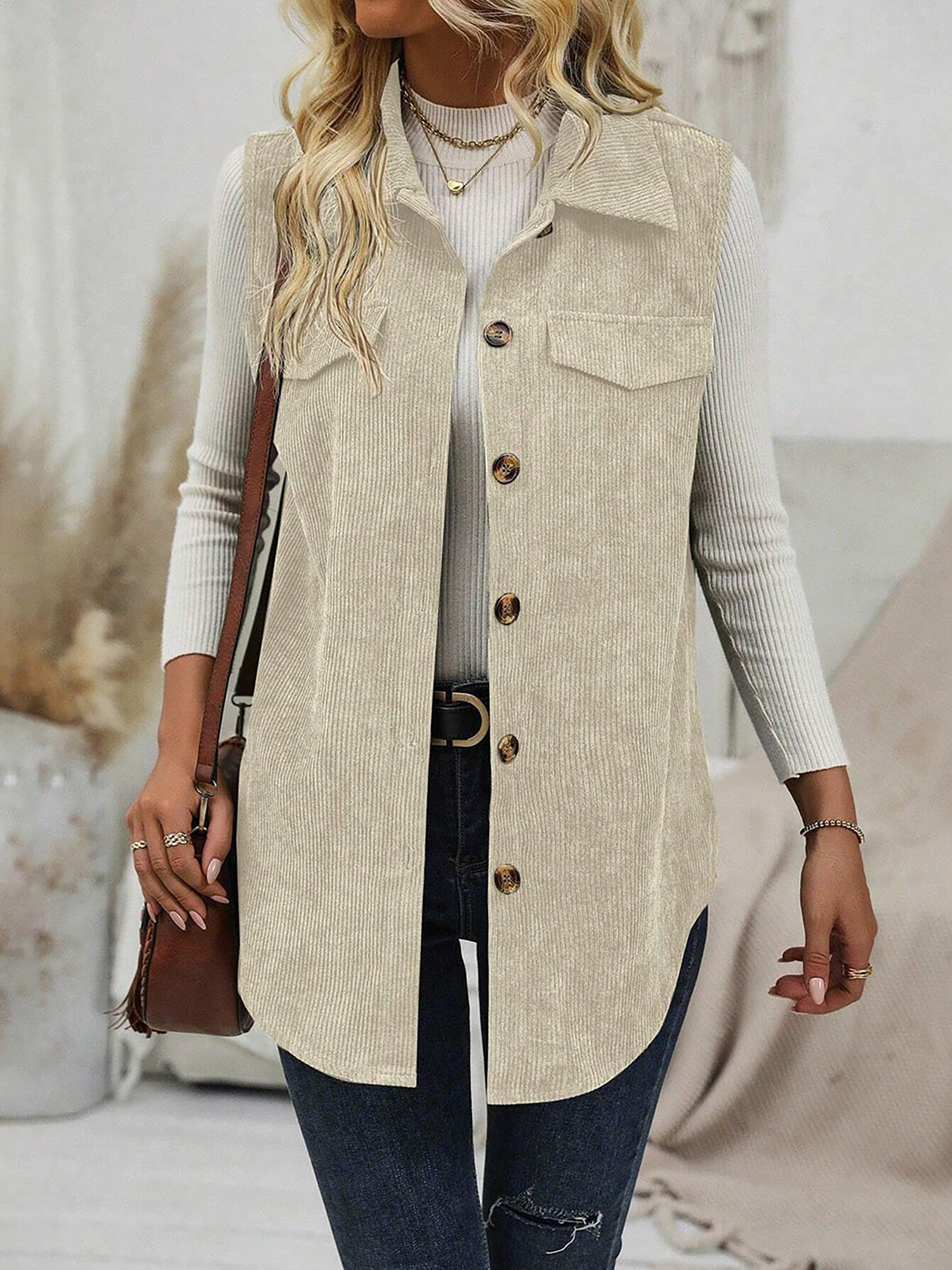 Solid Color Sleeveless Button Down Corduroy Vest Apricot/S