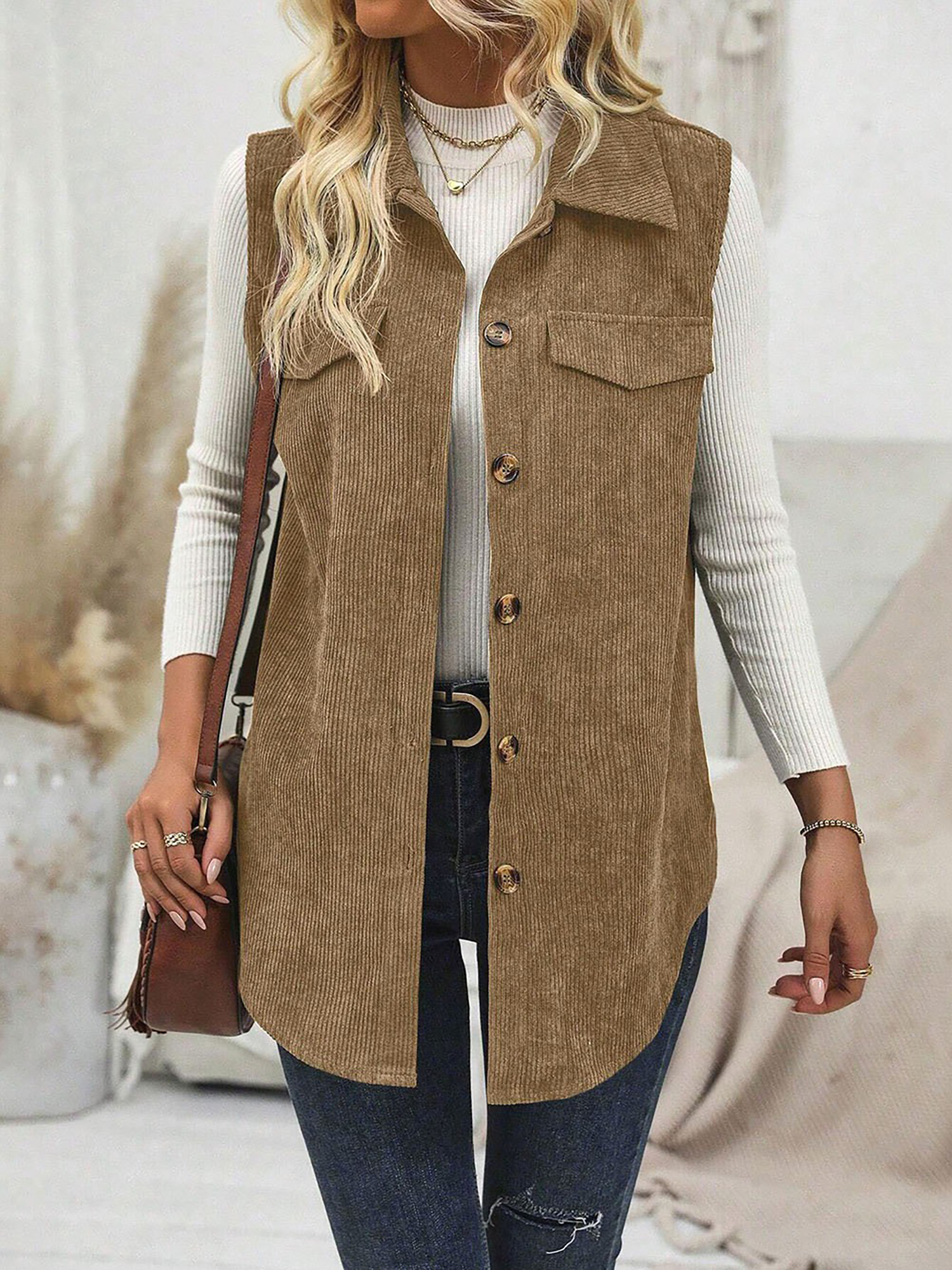 Solid Color Sleeveless Button Down Corduroy Vest Camel/M