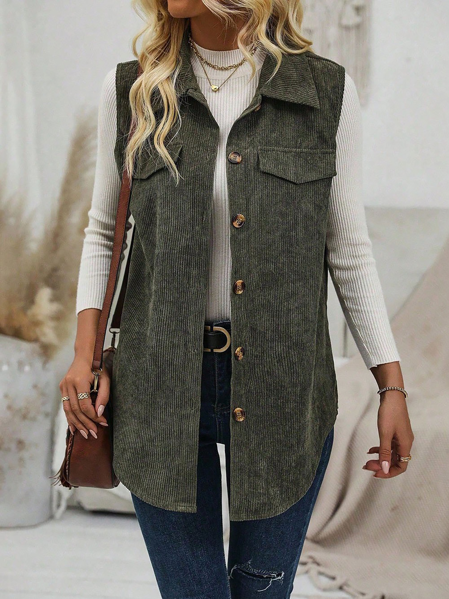 Solid Color Sleeveless Button Down Corduroy Vest Army Green/S