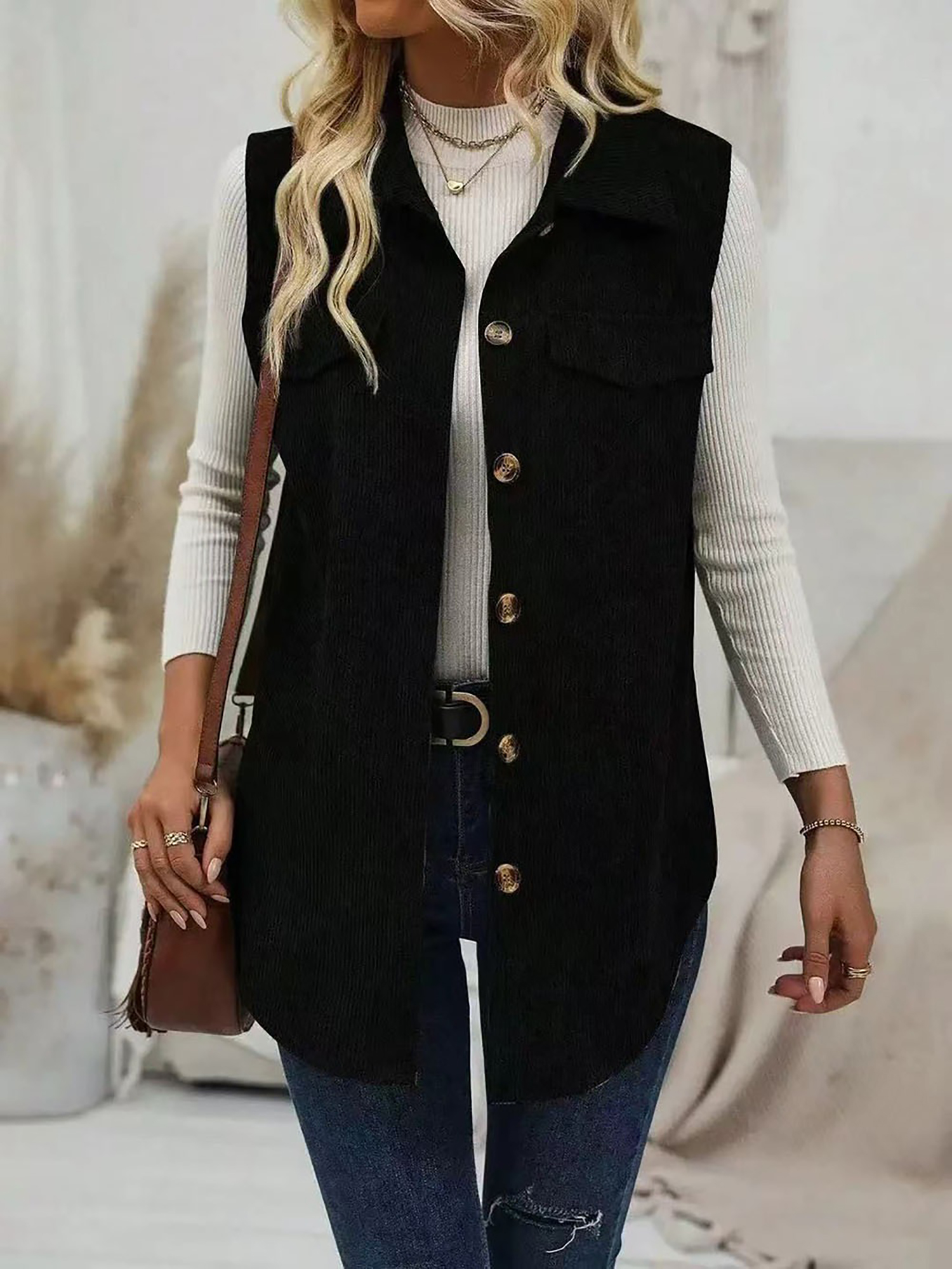 Solid Color Sleeveless Button Down Corduroy Vest Black/L