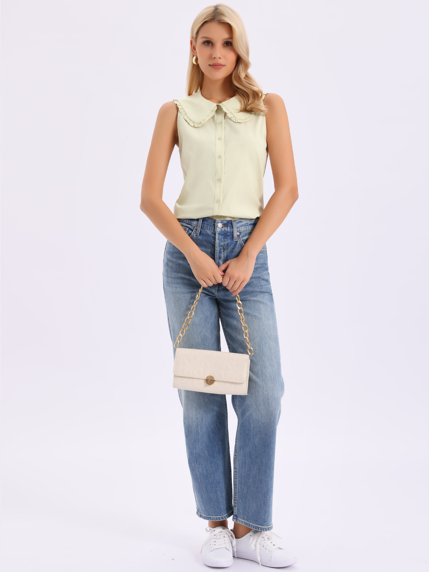 Ruffled Peter Pan Collar Sleeveless Button Down Blouse Apricot/S