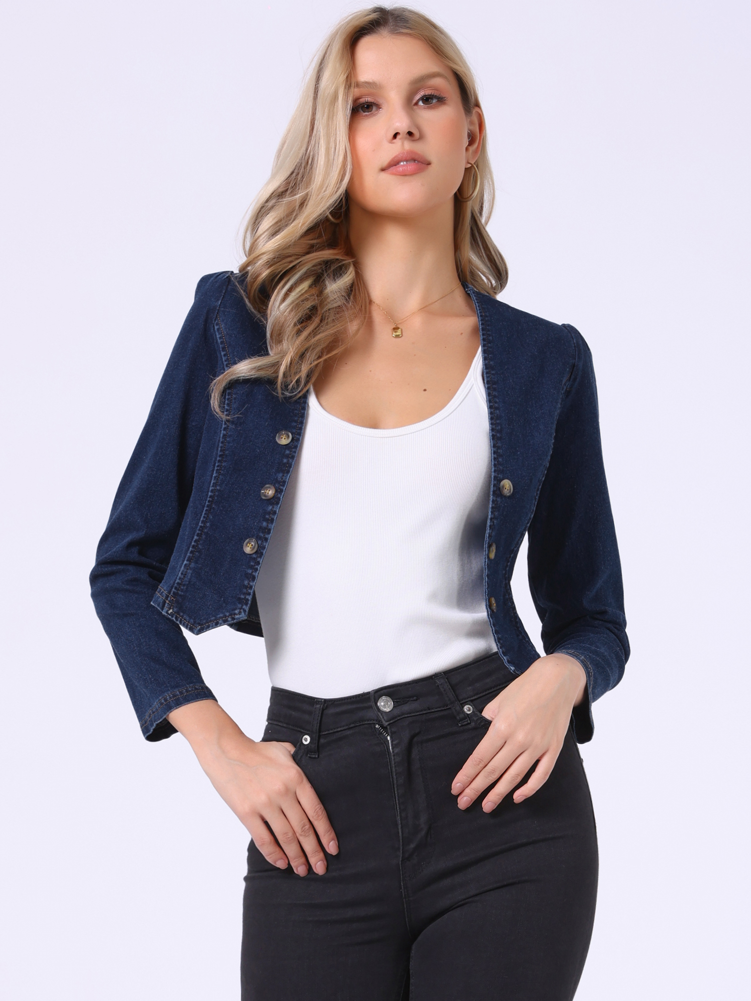 Collarless Open Front Casual Crop Denim Jacket Dark Blue/M
