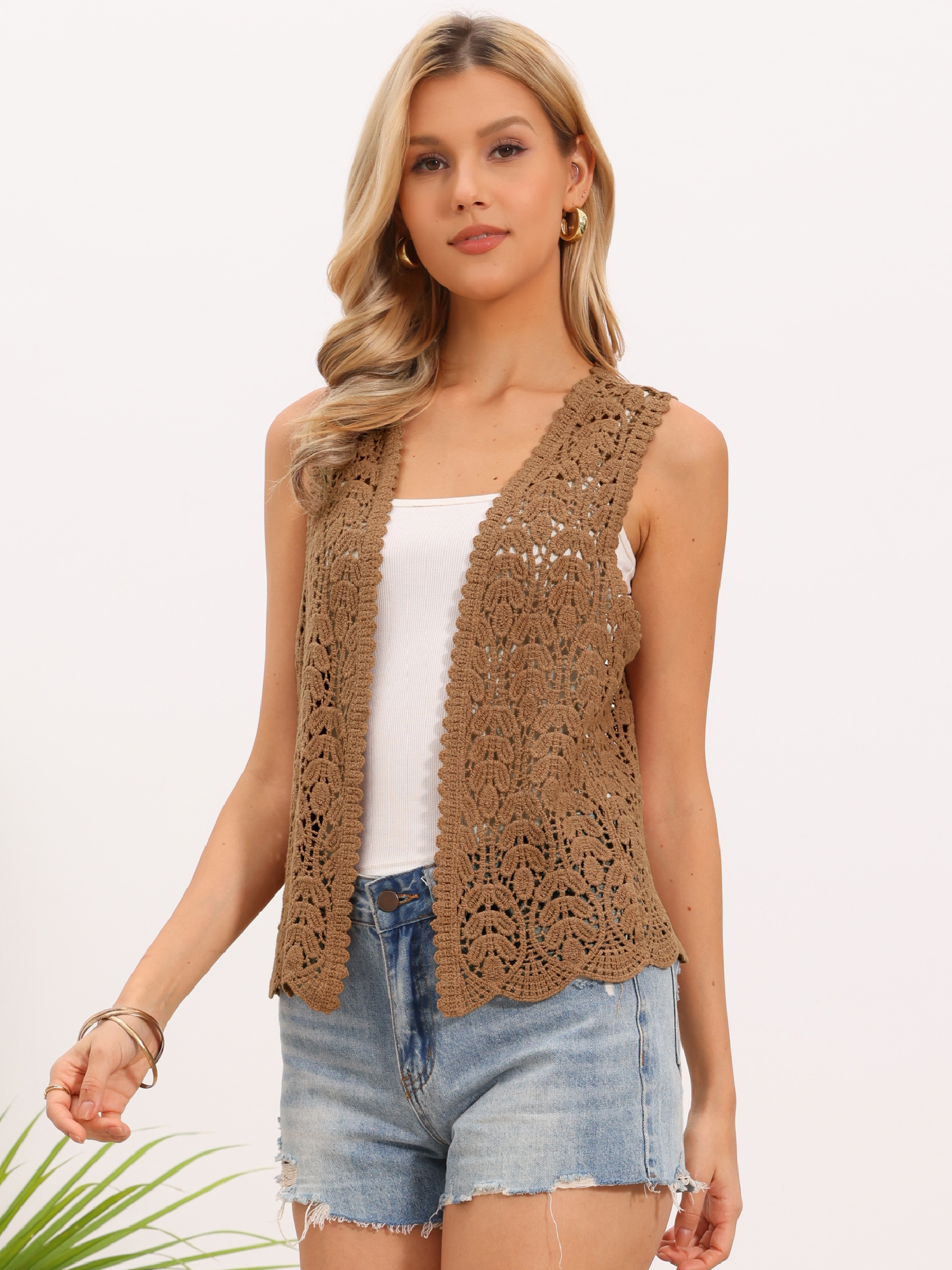Floral Crochet Hollow Out Sleeveless Open Front Boho Vest Cardigan Tan/S