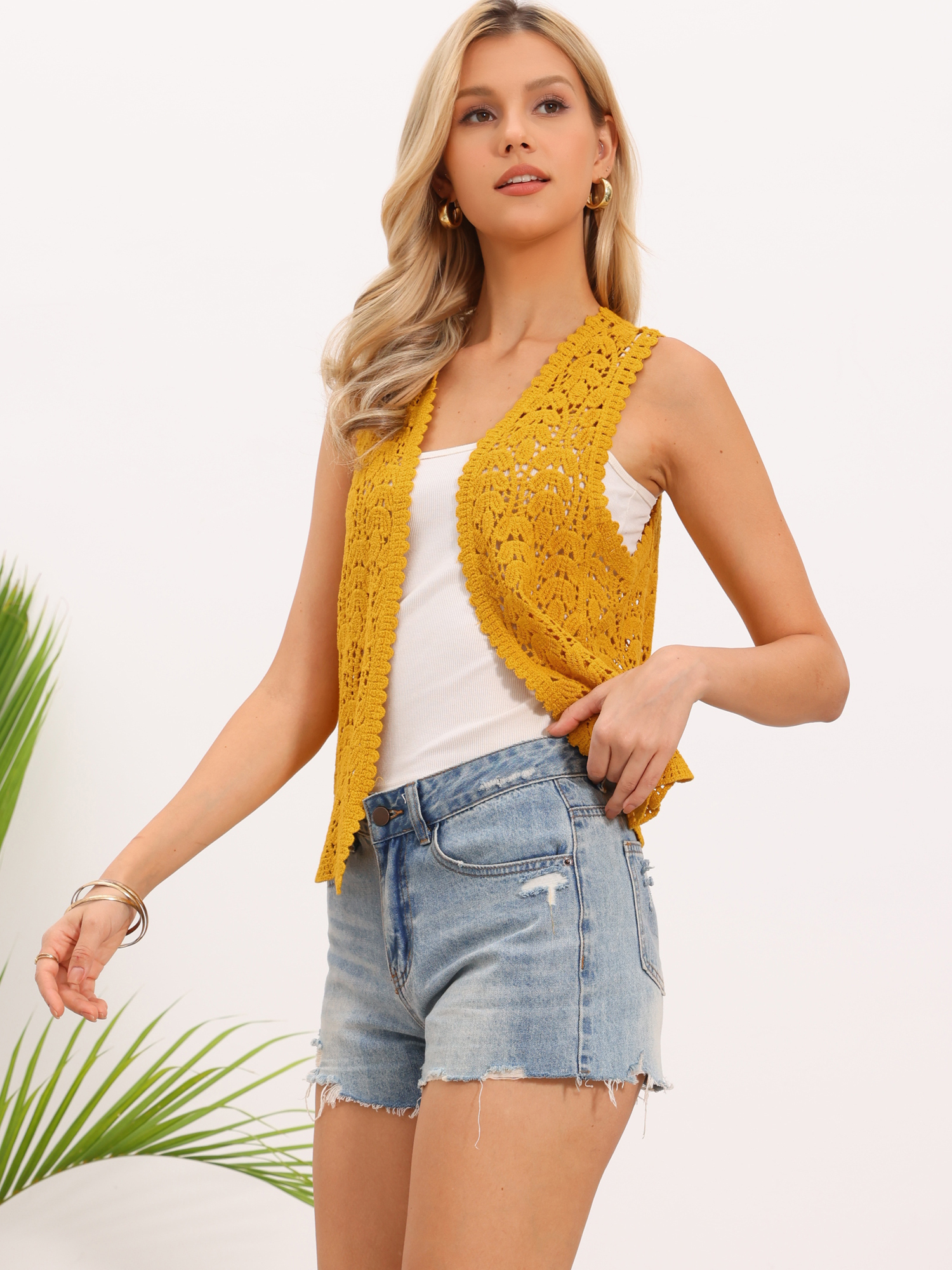 Floral Crochet Hollow Out Sleeveless Open Front Boho Vest Cardigan Yellow/M