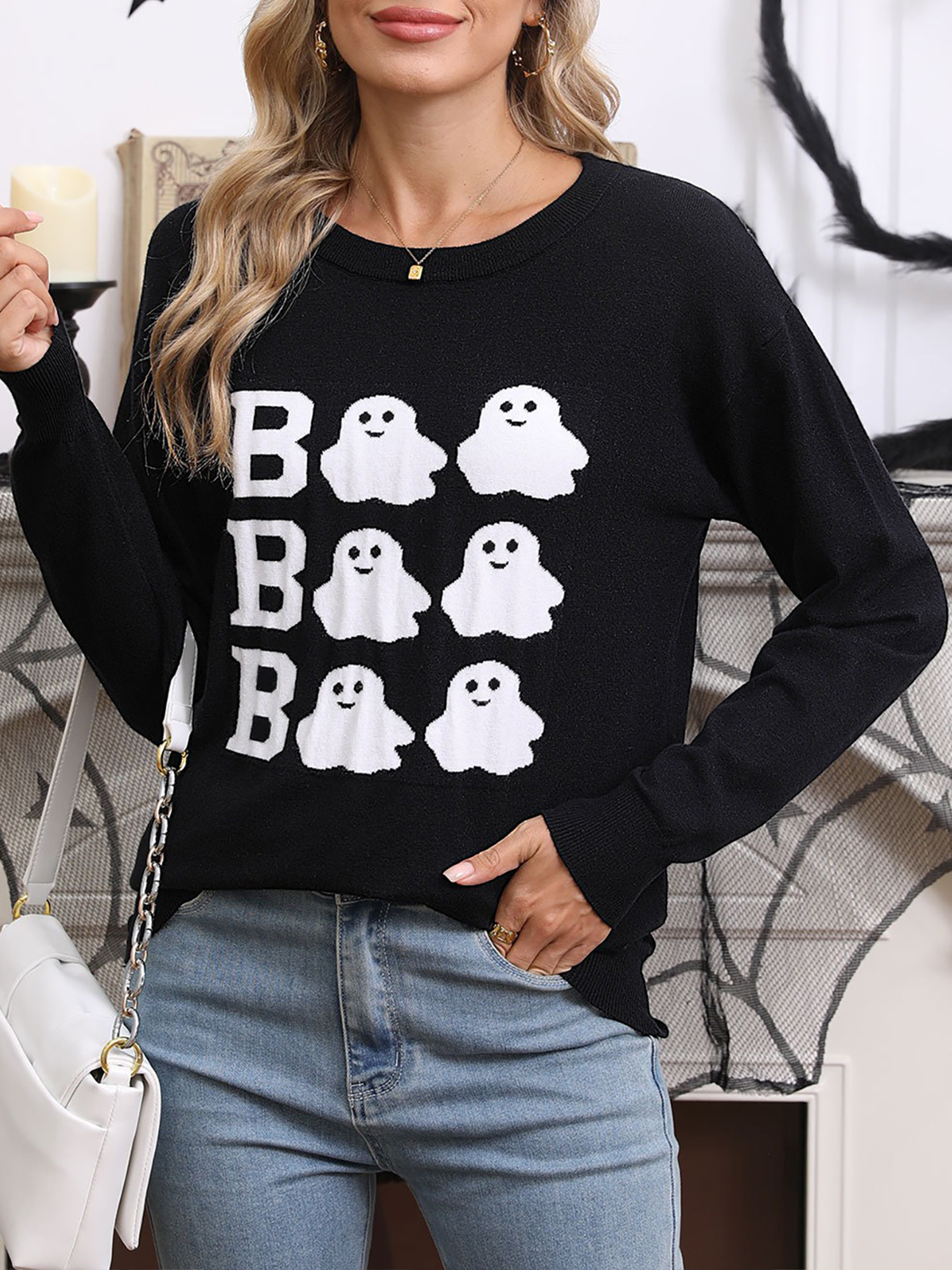 Halloween Ghost Crew Neck Long Sleeve Sweater Black/S