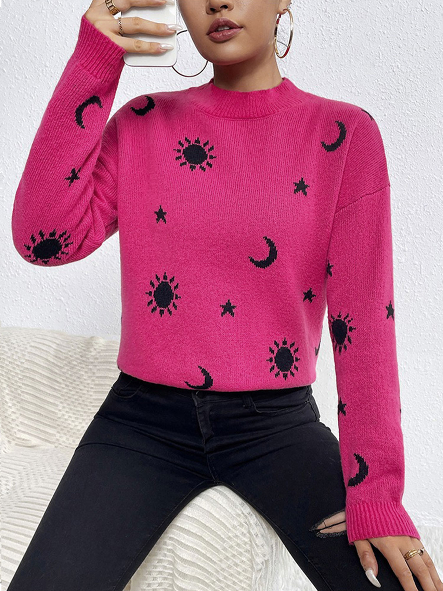 Crew Neck Pullover Long Sleeves Halloween Sweater Rose Red/L