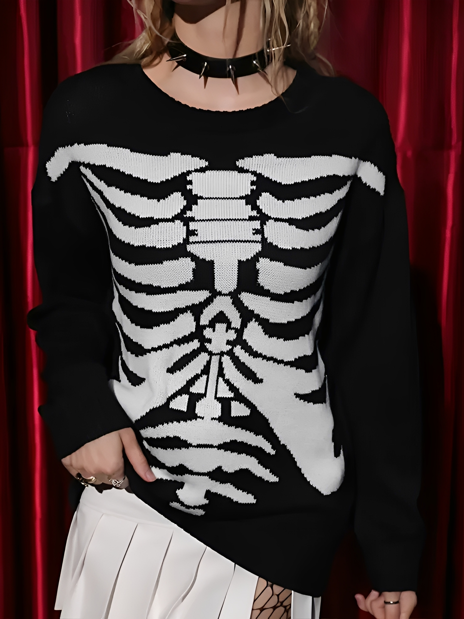 Halloween Skeleton Pullover Round Neck Sweater Black/S