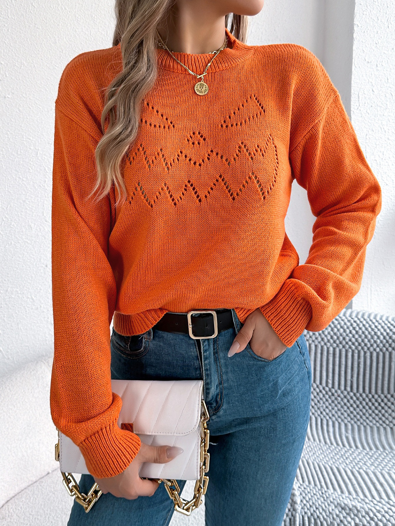 Halloween Solid Color Hollow Long Sleeve Pullover Sweater Orange/S