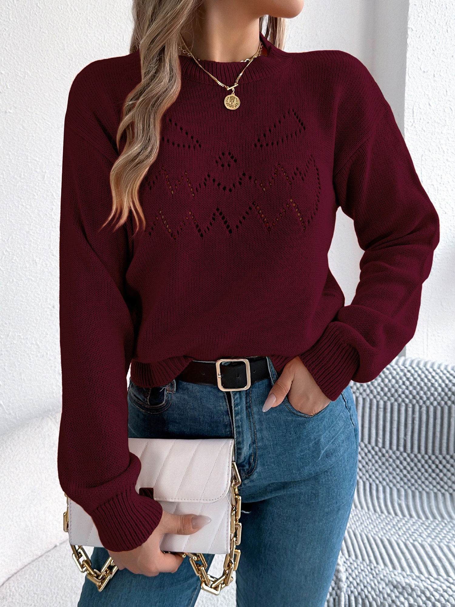 Halloween Solid Color Hollow Long Sleeve Pullover Sweater Burgundy/M