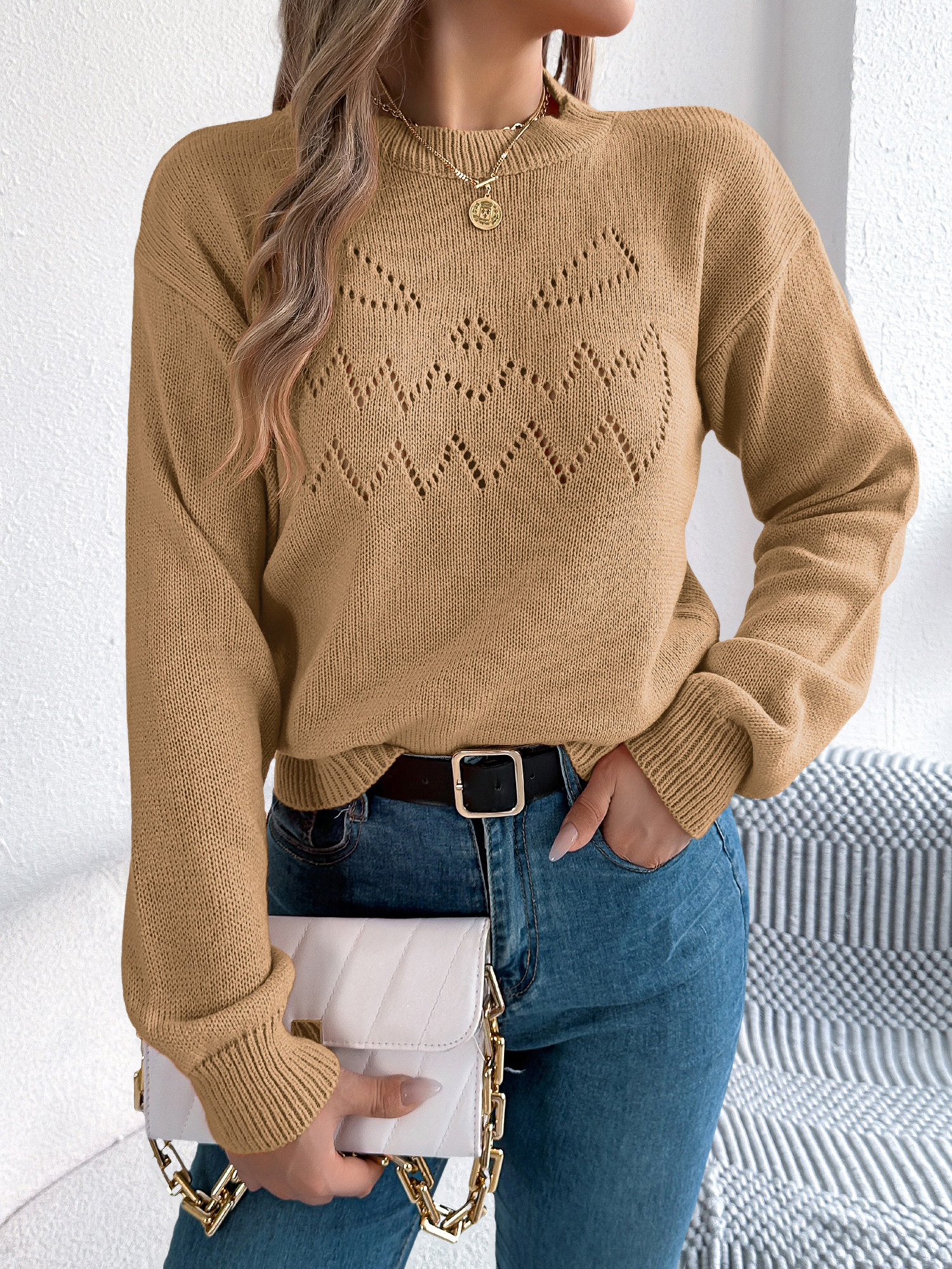 Halloween Solid Color Hollow Long Sleeve Pullover Sweater Khaki/S