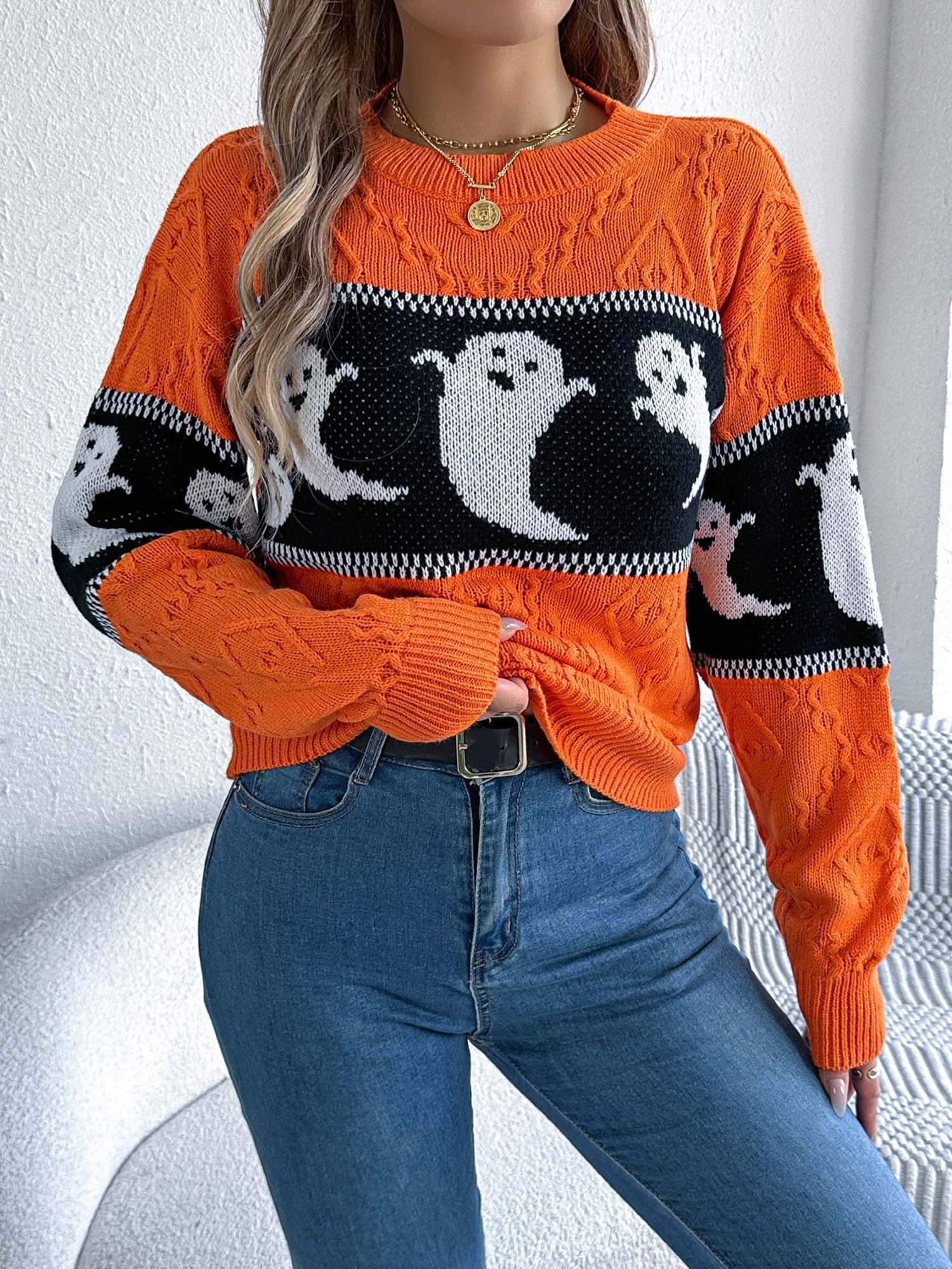 Halloween Ghost Colorblock Long Sleeves Pullover Sweater Orange/XL
