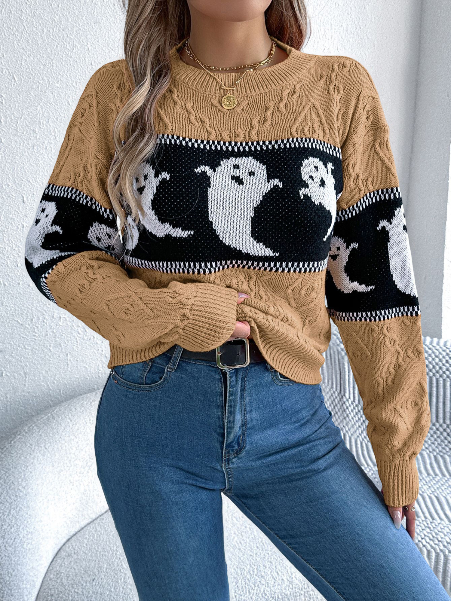 Halloween Ghost Colorblock Long Sleeves Pullover Sweater Khaki/S