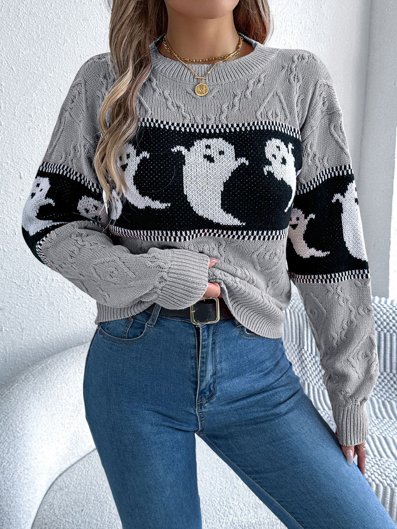 Halloween Ghost Colorblock Long Sleeves Pullover Sweater Gray/XL