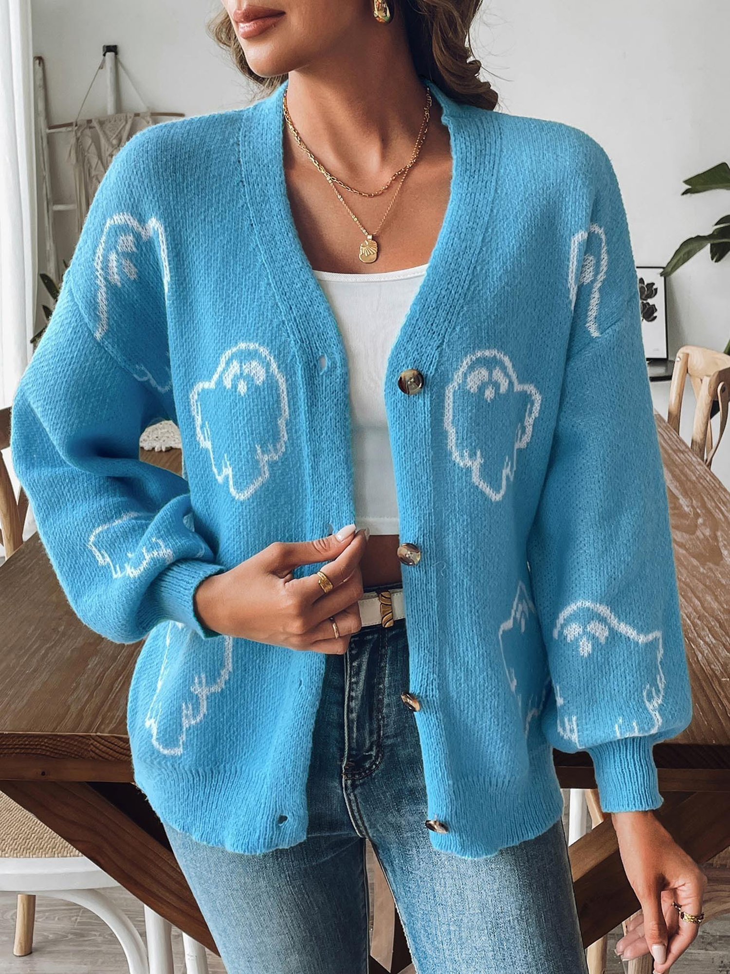 Halloween Ghost Casual Button Long Sleeves Sweater Blue/S