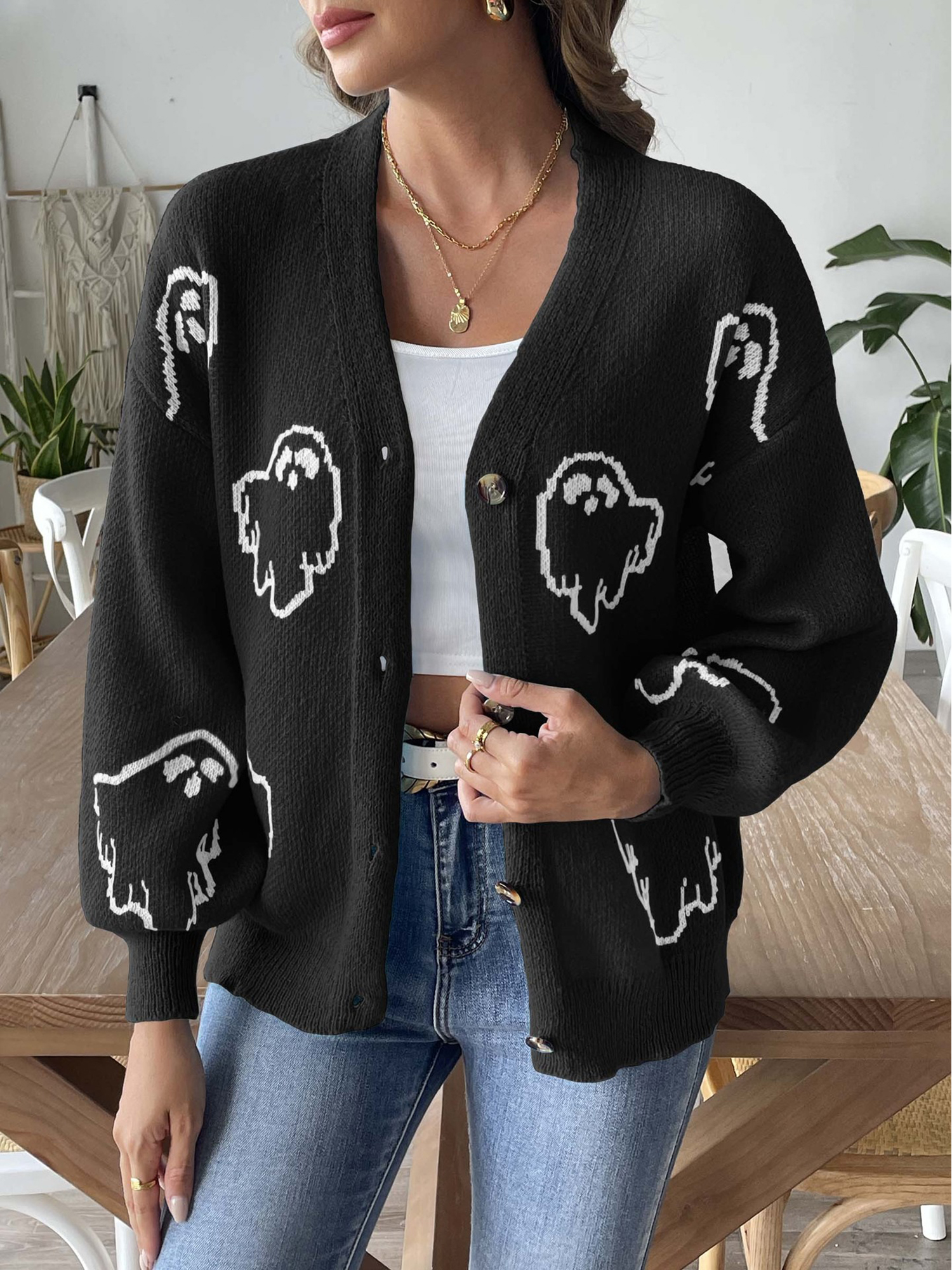 Halloween Ghost Casual Button Long Sleeves Sweater Black/L