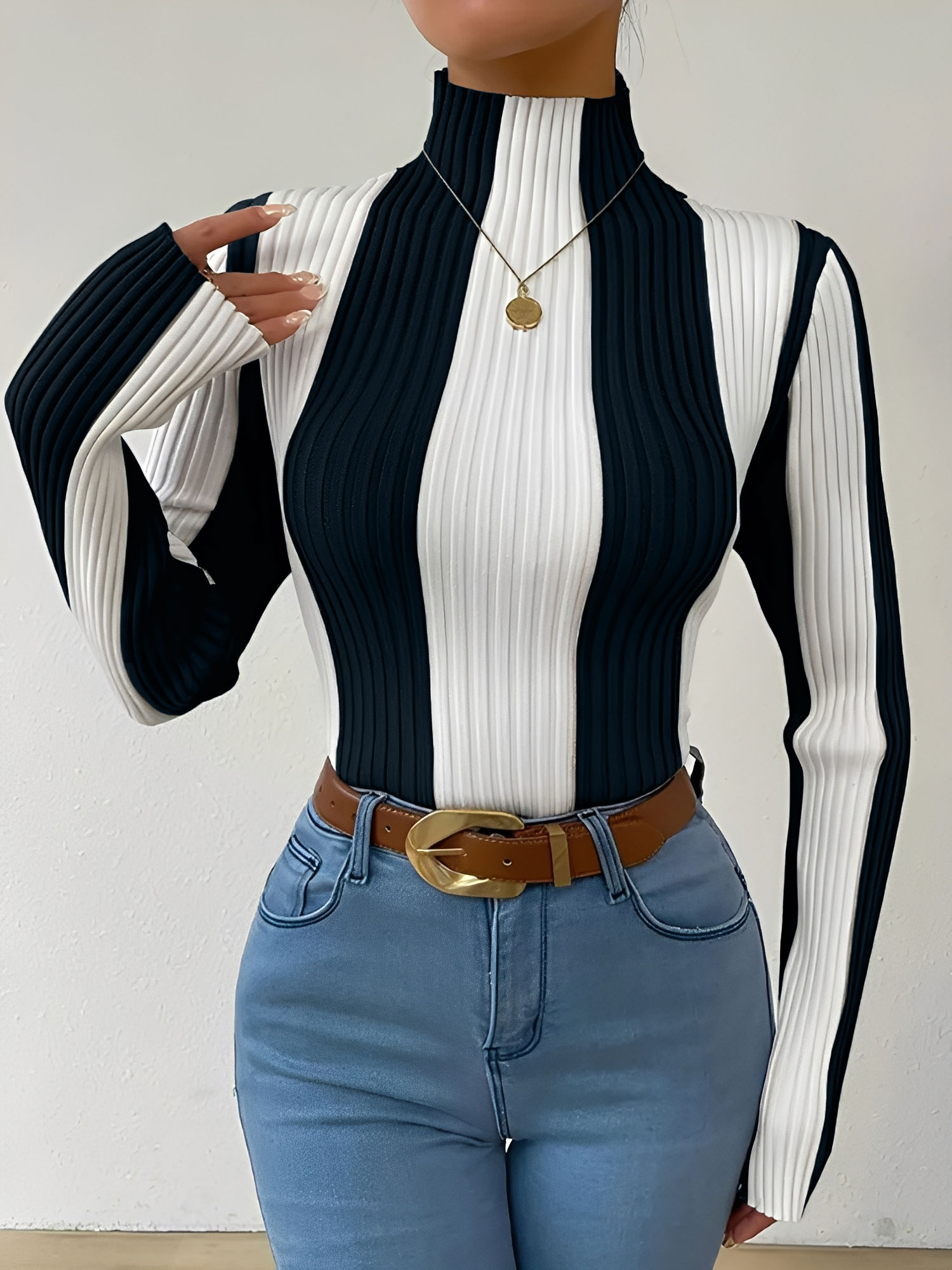 Vertical Striped Colorblock Mock Neck Sweater Black/XS
