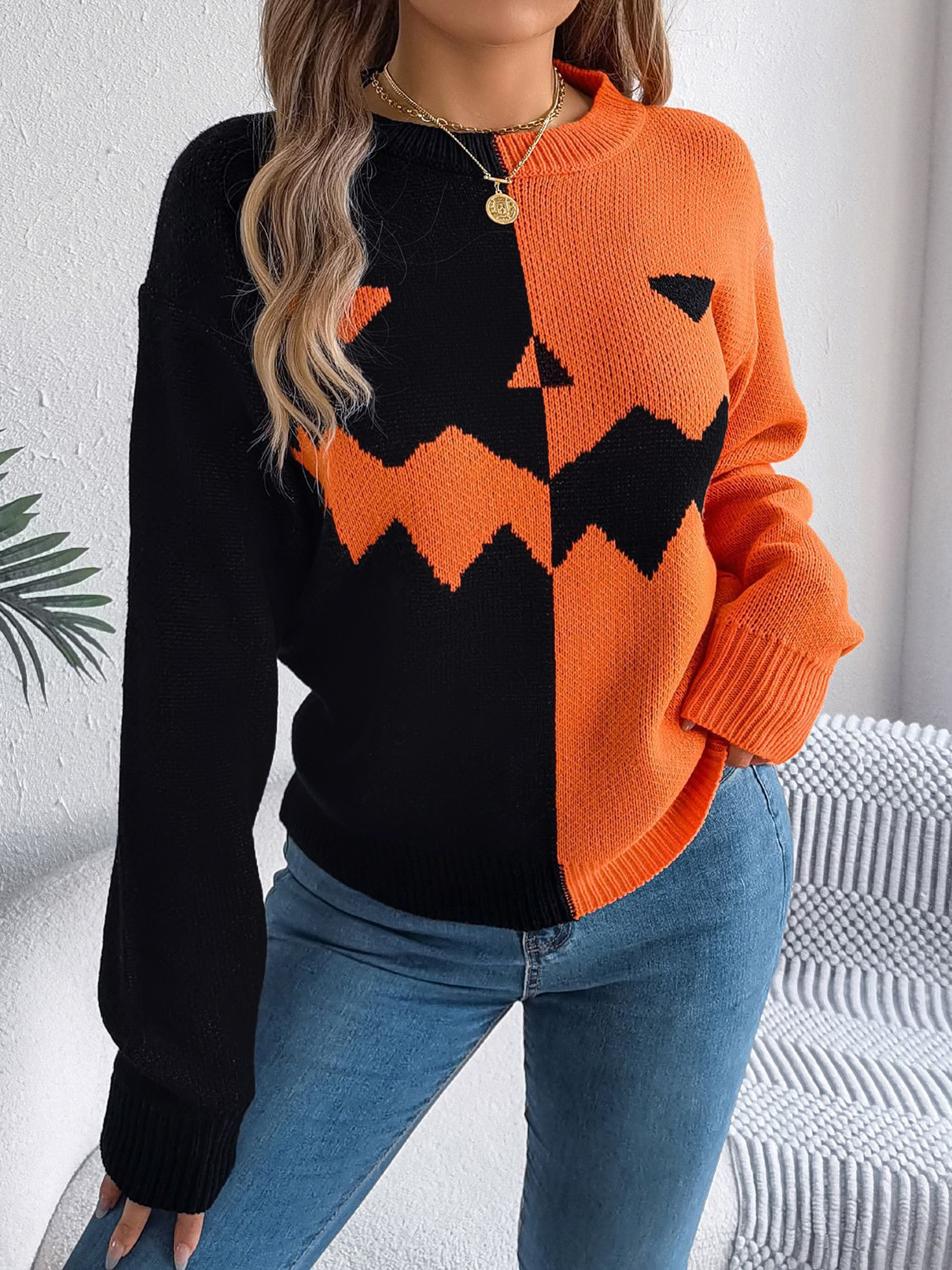 Halloween Ghost Pumpkin Contrast Color Long Sleeve Pullover Sweater Orange/M
