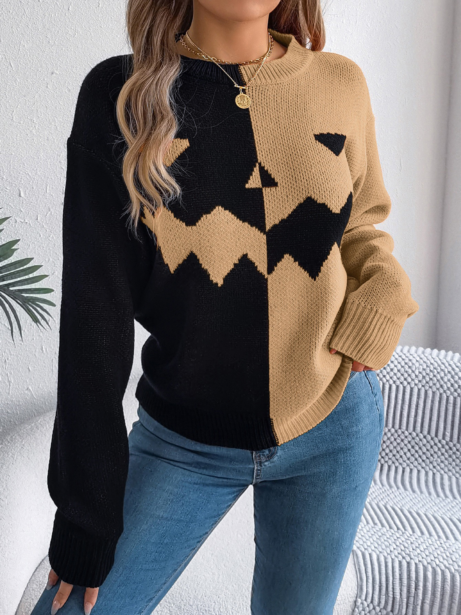 Halloween Ghost Pumpkin Contrast Color Long Sleeve Pullover Sweater Khaki/L