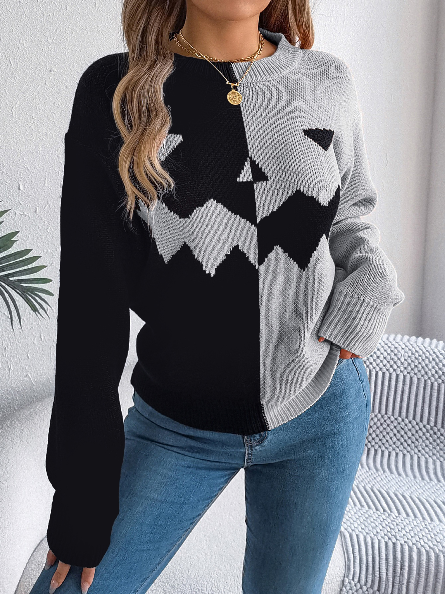 Halloween Ghost Pumpkin Contrast Color Long Sleeve Pullover Sweater Gray/S