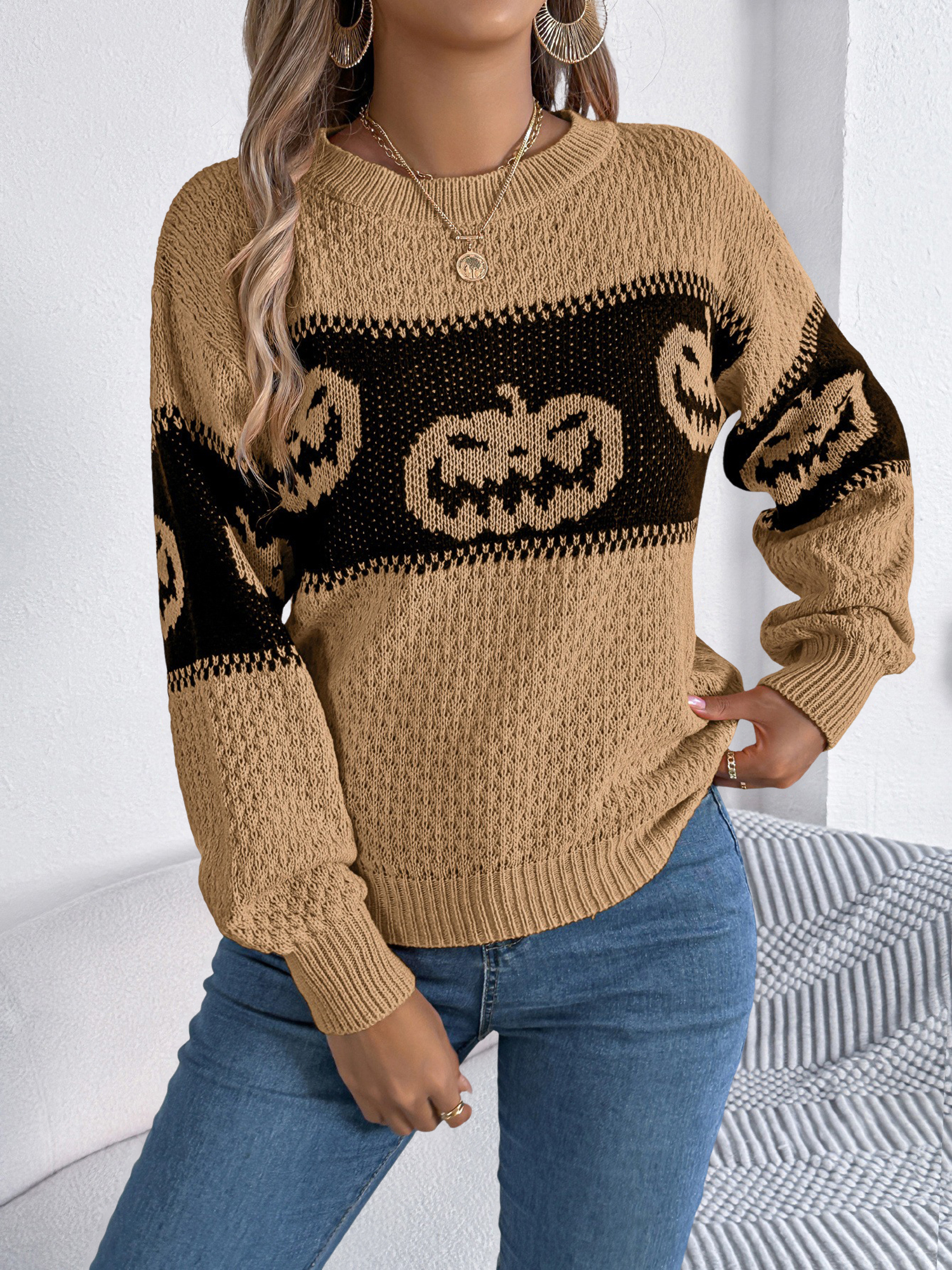 Halloween Pumpkin Colorblock Round Neck Pullover Sweater Khaki/L